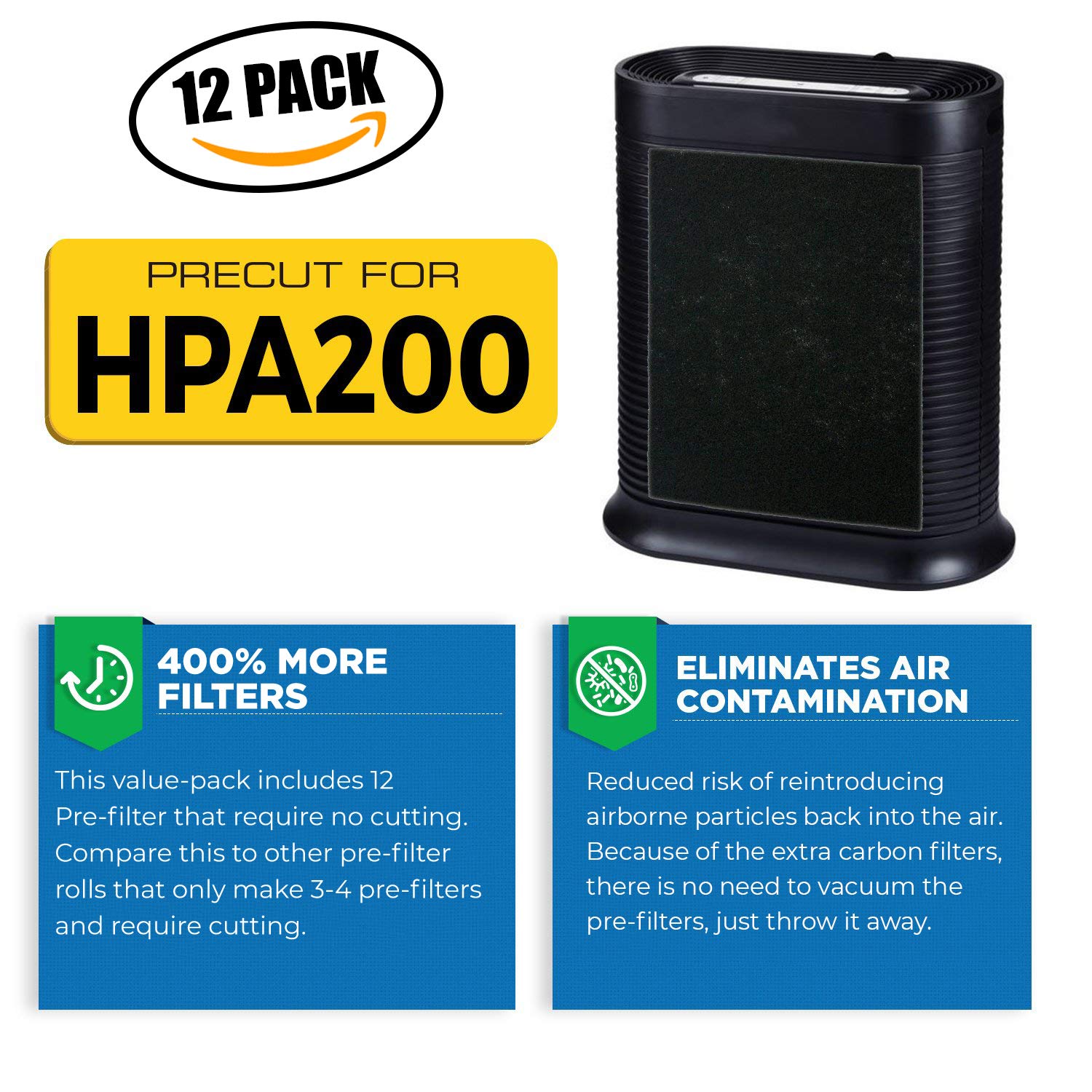 Veva Precut For Hpa200 Premium Carbon Activated Pre Filters 12 Pack Compatible With Hw Air Purifier Models 200, 202, 204, 250B.