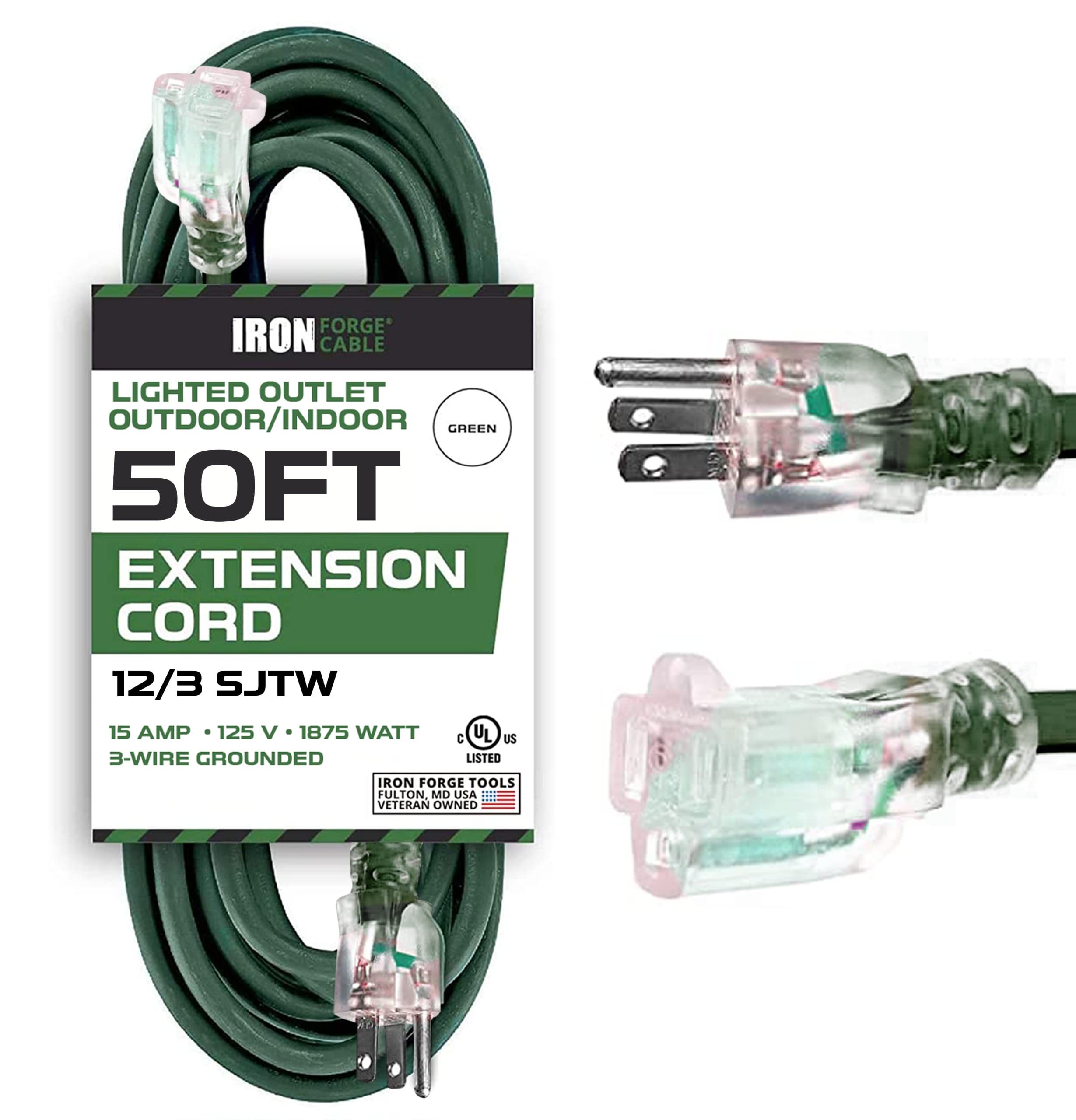 Iron Forge Cable 50 Foot Outdoor Extension Cord,12/3 Sjtw Heavy Duty Green Extension Cable With 3 Prong 50 Ft, Weatherproof Cord