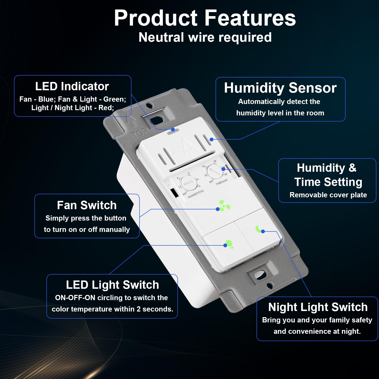 Akicon Humidity Sensor And Light Switch For Bathroom Exhaust Fan, Ventilation Fan, Led Light, Night Light, Air Moisture Control,