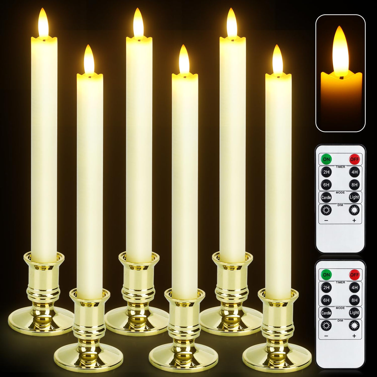6 Pack Flameless Taper Candles With 2 Remotes, Led Fake Candles With Holders, Battery Operated Pillar 3D Flame Candles Of Real W