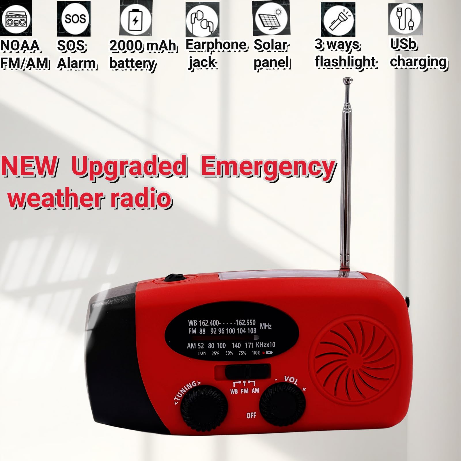 Handsider Hand Crank Emergency Weather Radio, Am Fm Noaa Solar Radio With Led Flashlight And Earphone Jack, 2000Mah Power Bank C