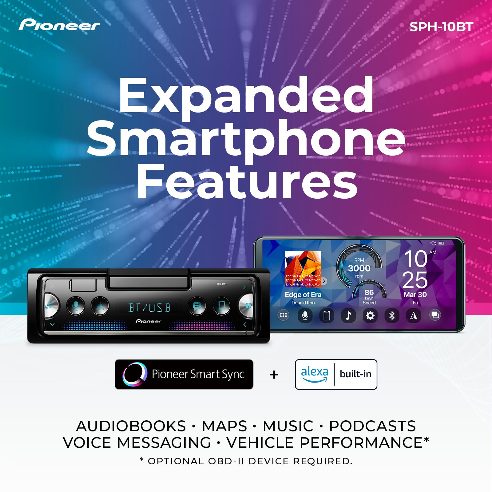 Pioneer Smartphone Cradle Sync Mechless Receiver  W/Alexa/Bt Single Din