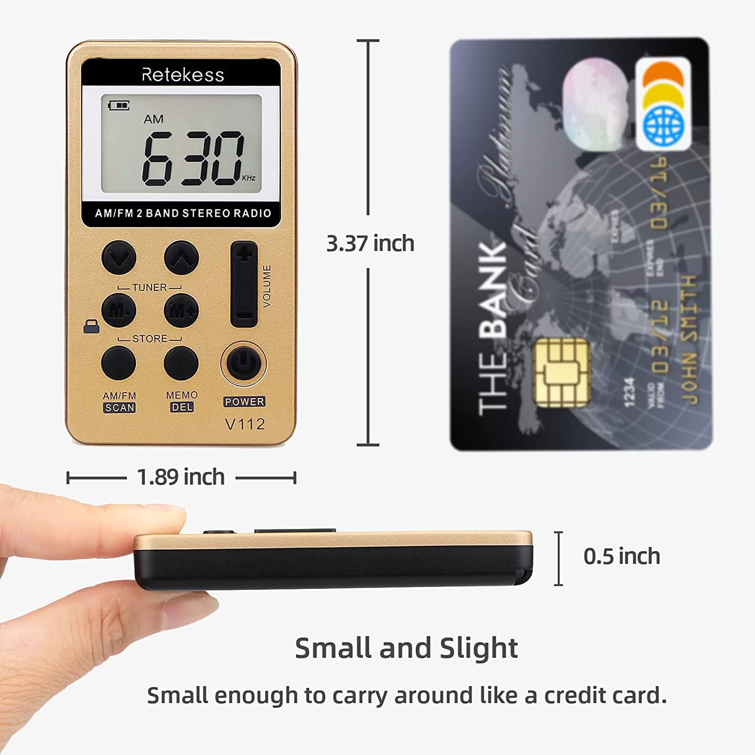 Retekess V112 Am Fm Radio Portable, Mini Radio With Earphone Pocket, Digital Tuning Rechargeable Battery Lcd Display For Walking Jogging(Gold)