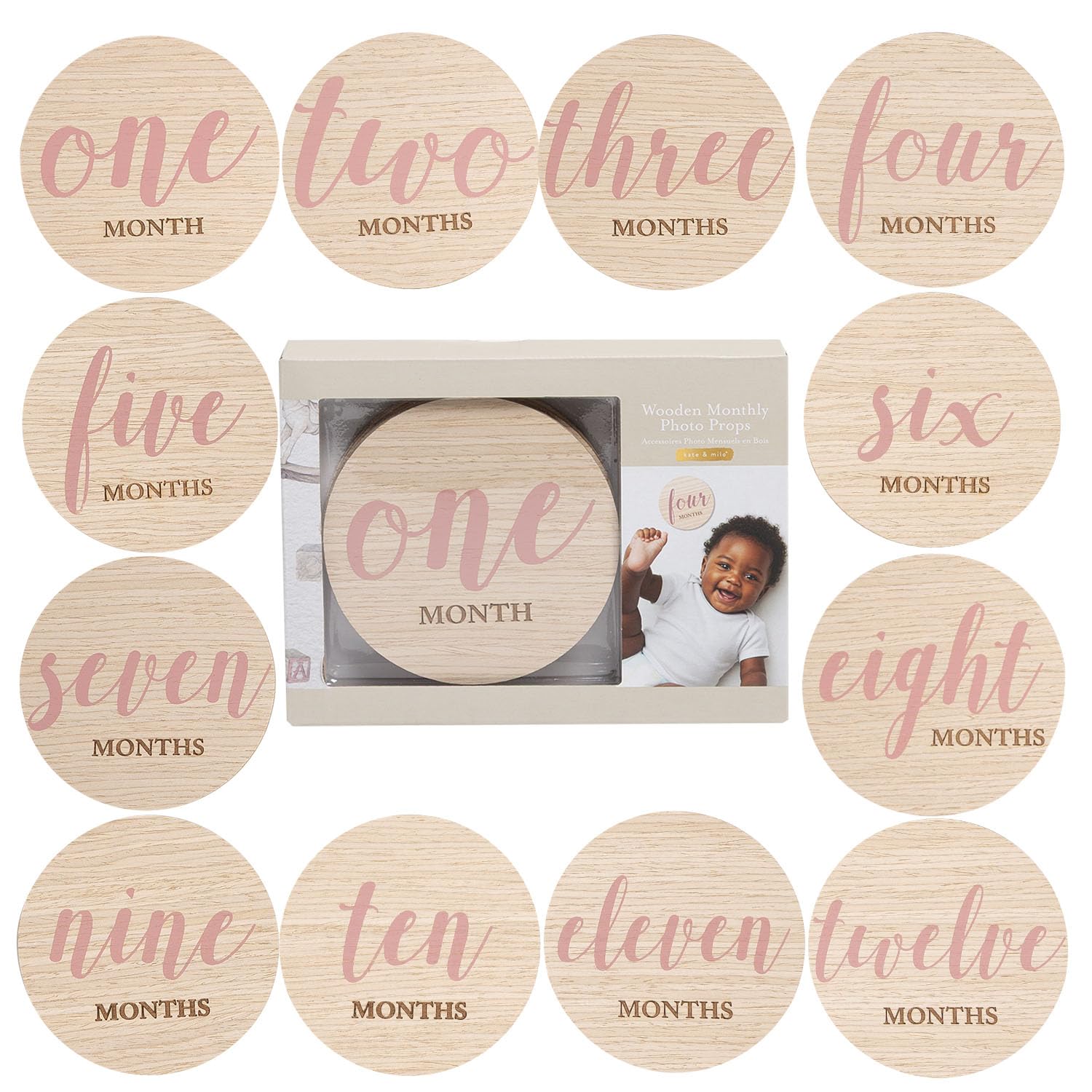 Kate & Milo Wooden Baby Monthly Milestone Discs, Pink Script Text, 12-Piece Double-Sided Month Markers for Newborn and Infant Ph
