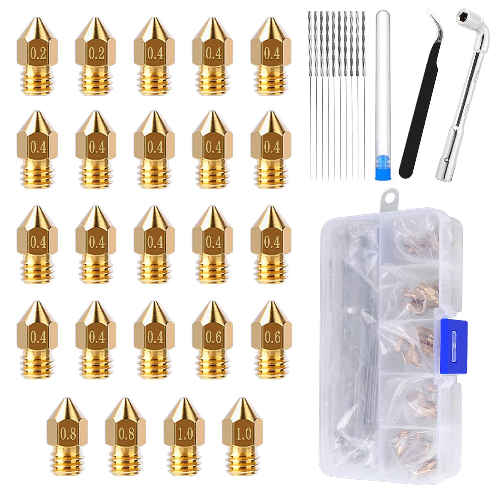Comgrow 24Pcs Mk8 Nozzles 3D Printer Extruders Brass Nozzles 0.2Mm/0.4Mm/0.6Mm/0.8Mm/1.0Mm, 3D Printer Brass Hotend Nozzles With