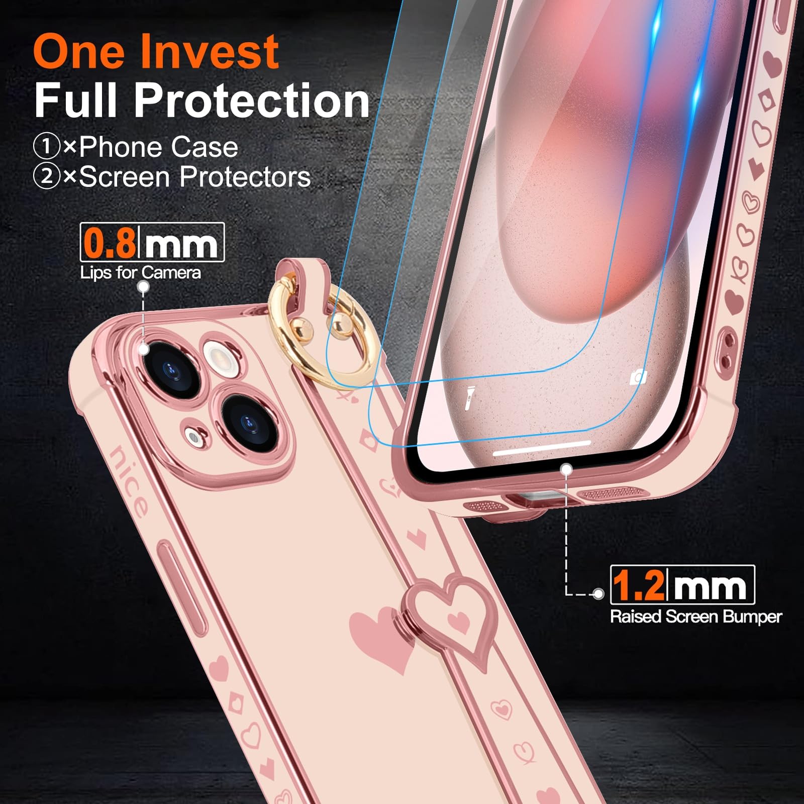 Llz.Coque For Iphone 15 Plus Case With Strap For Women Girls [2   Screen Protectors], Cute Love Hearts Design, Wristband Kicksta