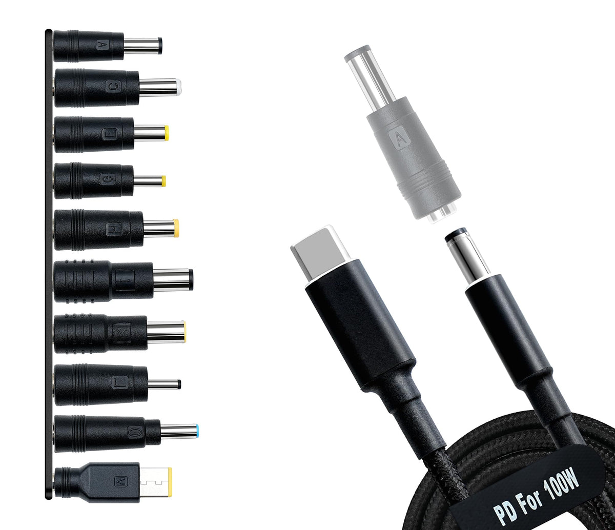 Usb C To Dc Adapters 10Pcs Power Plug Kit, Universal Charger Supply 100W Pd Power Cable & 5.5X2.1Mm Round Barrel Jack For Sony Toshiba Samsung Acer Asus Lenovo Dell Hp Laptop Charging Connector Tips