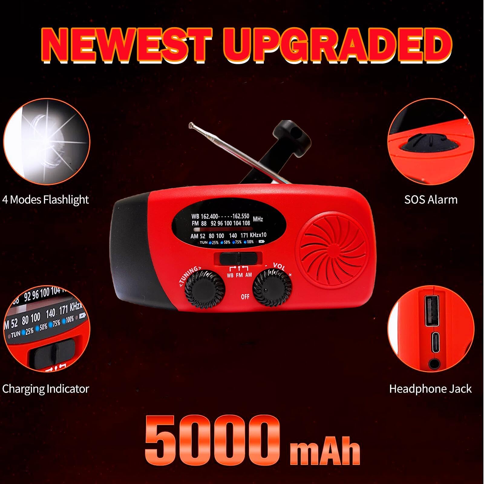 5000Mah Emergency Crank Weather Radio, Ironsnow Noaa/Fm/Am Solar Radios, Portable Survival Radio With Sos, Earphone Jack, 1W 4 M