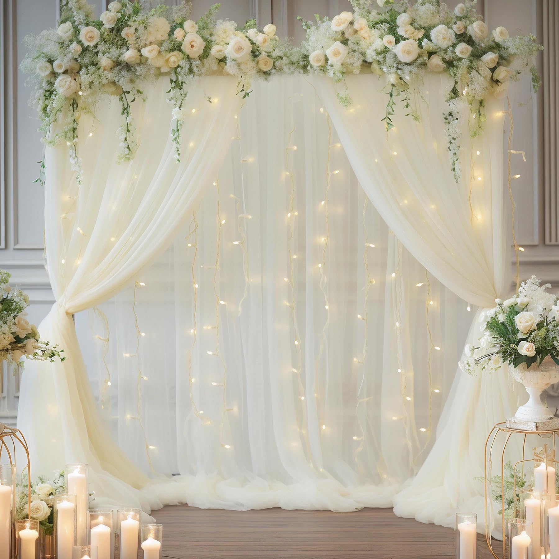 10  10Ft Cream White Tulle Backdrop Curtain With Lights String For Parites, Sheer Curtain Backdrop Drapes For Wedding Party Home