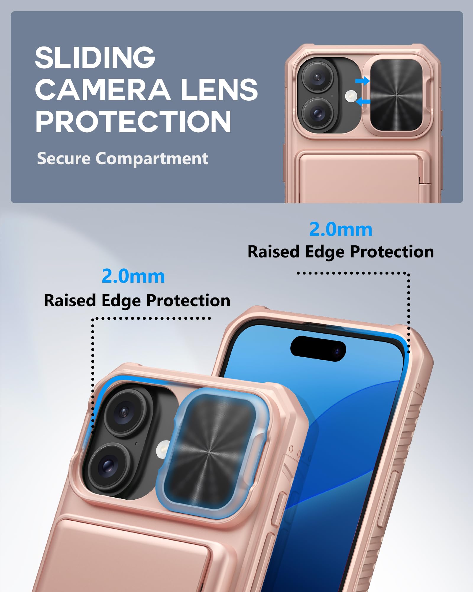 Atatoo For Iphone 16 Case Wallet, Built In Card Holder (Store 3 5 Cards) & Slide Lens Cover, Military Grade Protection, Shockpro