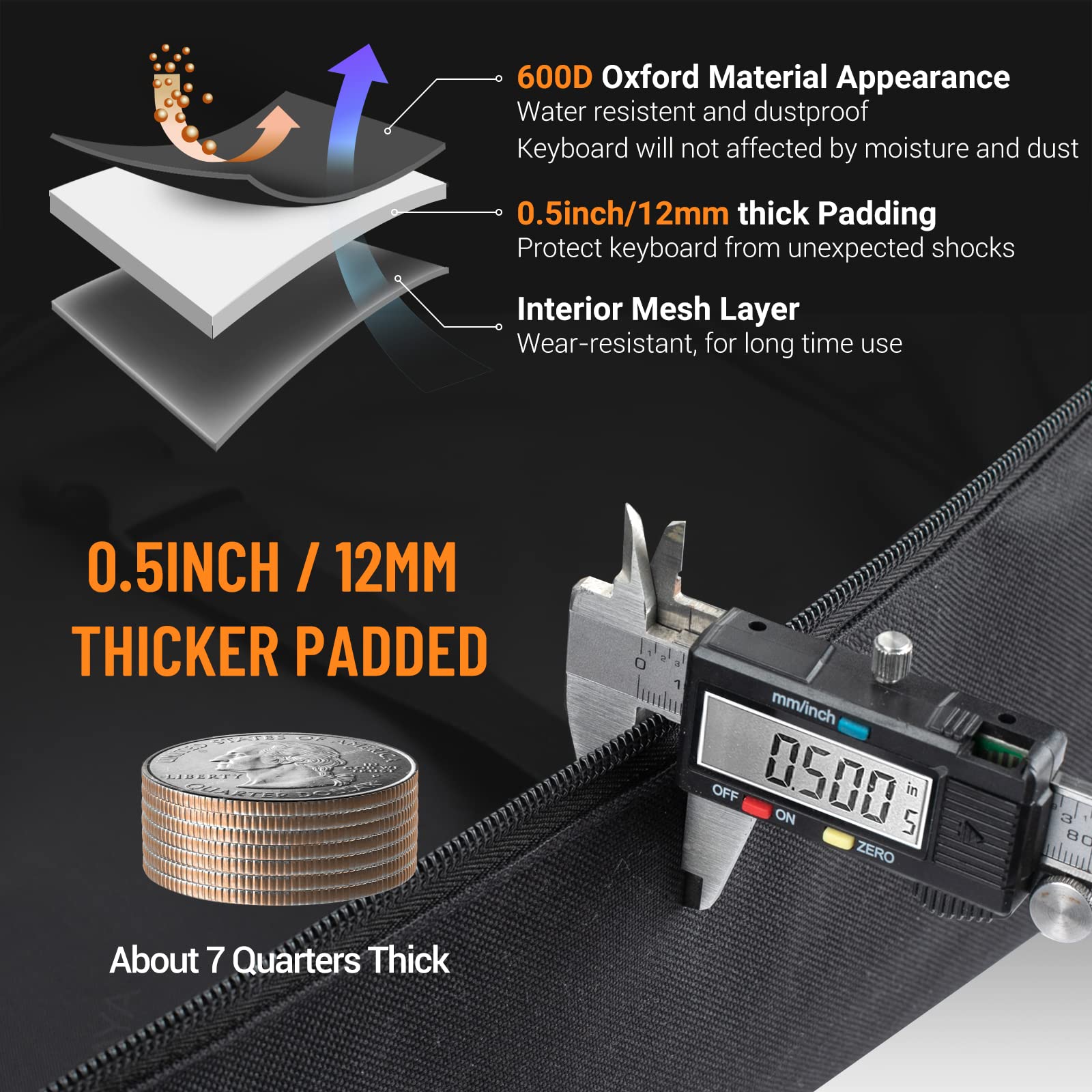 Cahaya 61 Key Keyboard Case Electric Keyboard Piano Gig Bag Portable 600D Oxford Cloth 12Mm/0.5Inch Thick Padded Case With Side