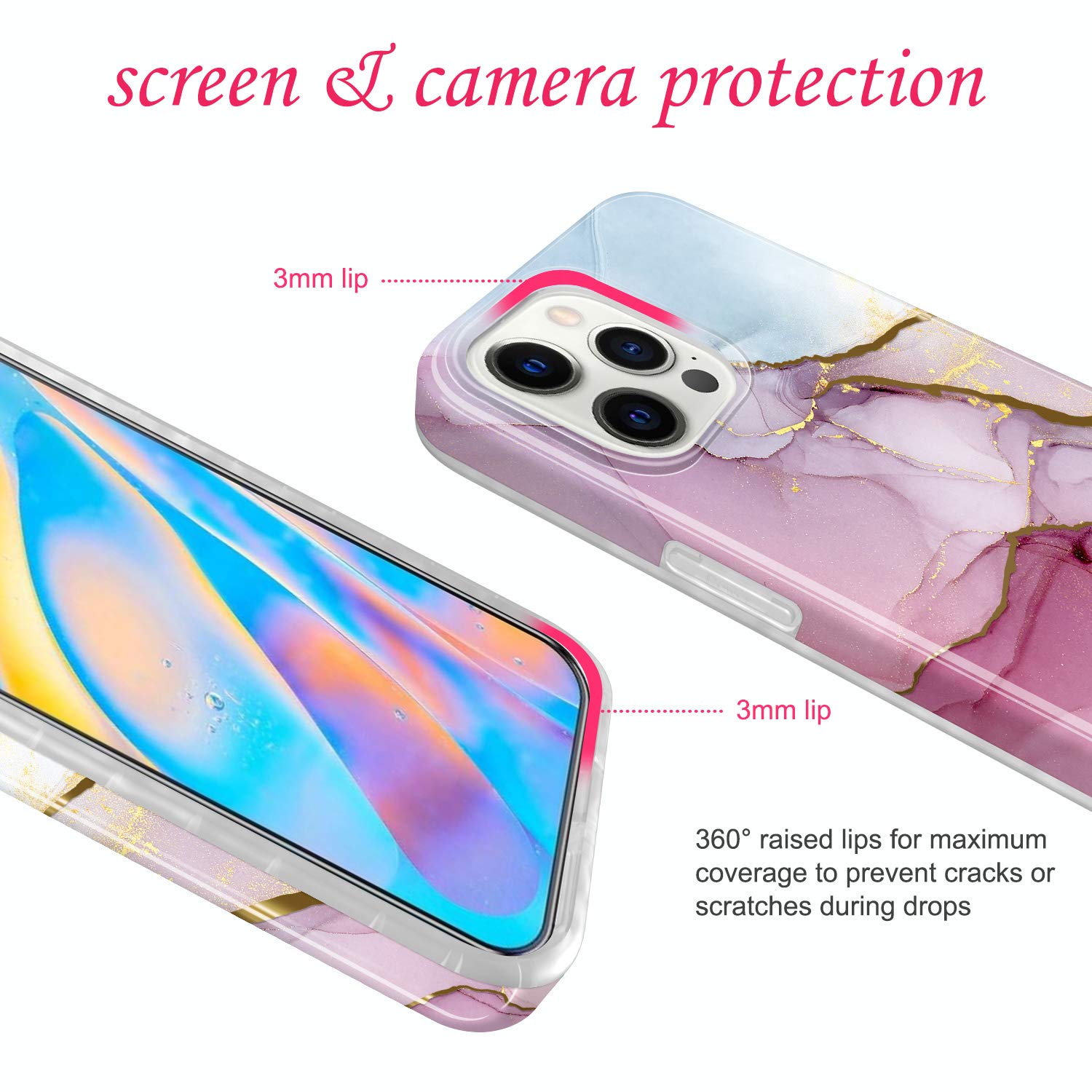 JIAXIUFEN iPhone 12/12 Pro Phone Case Shiny Gold Electroplated Glitter Marble Slim Shockproof TPU Purple Blue