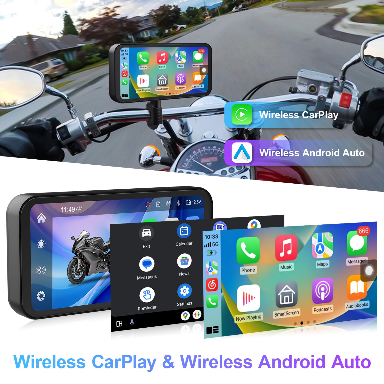 Tenbaba 6.25'' Motorcycle Motorcycle Dash Cam, Wireless Motorcycle Carplay & Android Auto Screen, Motorbike Gps Navigation, Ip67