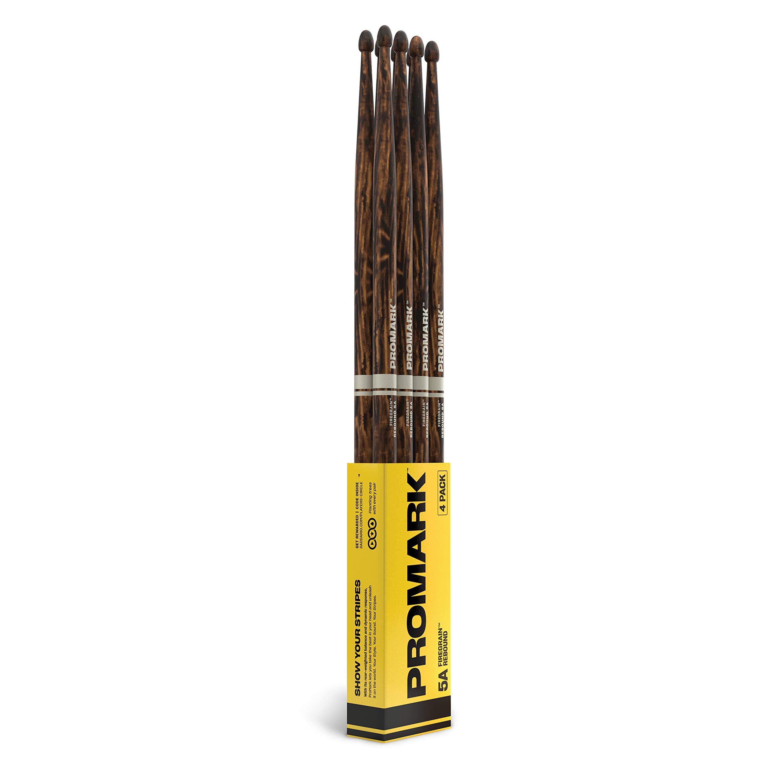 ProMark Rebound 5A FireGrain Drumsticks, Lacquer Finished Drum Sticks, R5AFG-4P, Acorn Tip, Hickory Wood - 4 Pairs