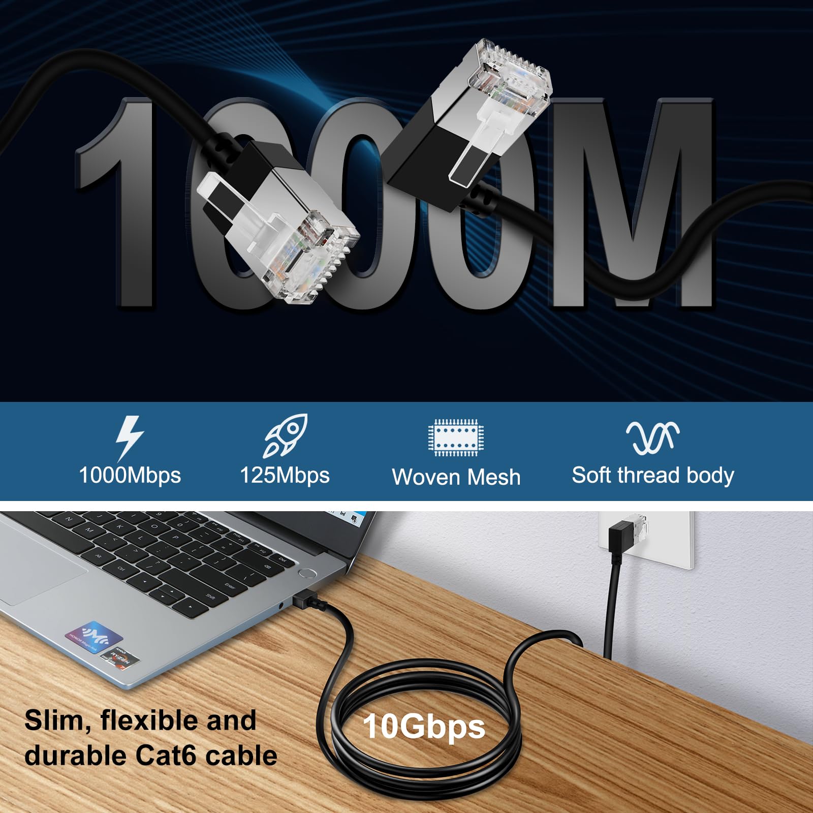 Dutevolns Slim Cat 6 Ethernet Cable 90 Left Angled 6.6 Feet, Ultra Thin & Flexible Rj45 Lan Cord Gigabit Applicable For Mac, Pc,