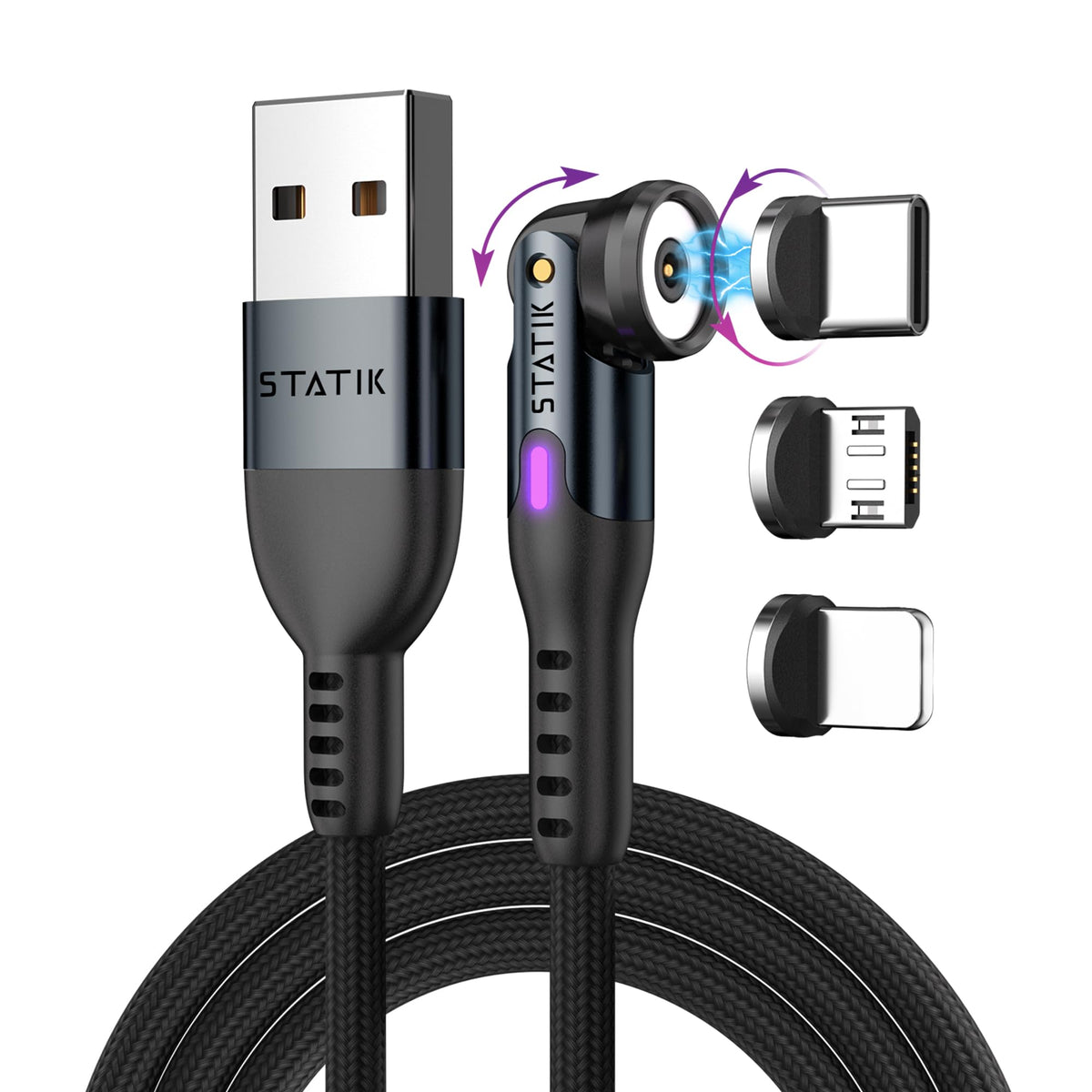 Statik 360 Rotating Magnetic Charging Cable   Magnetic Usb C Charging Cable, 3 Interchangeable Magnetic Tips, Iproduct, Micro Us