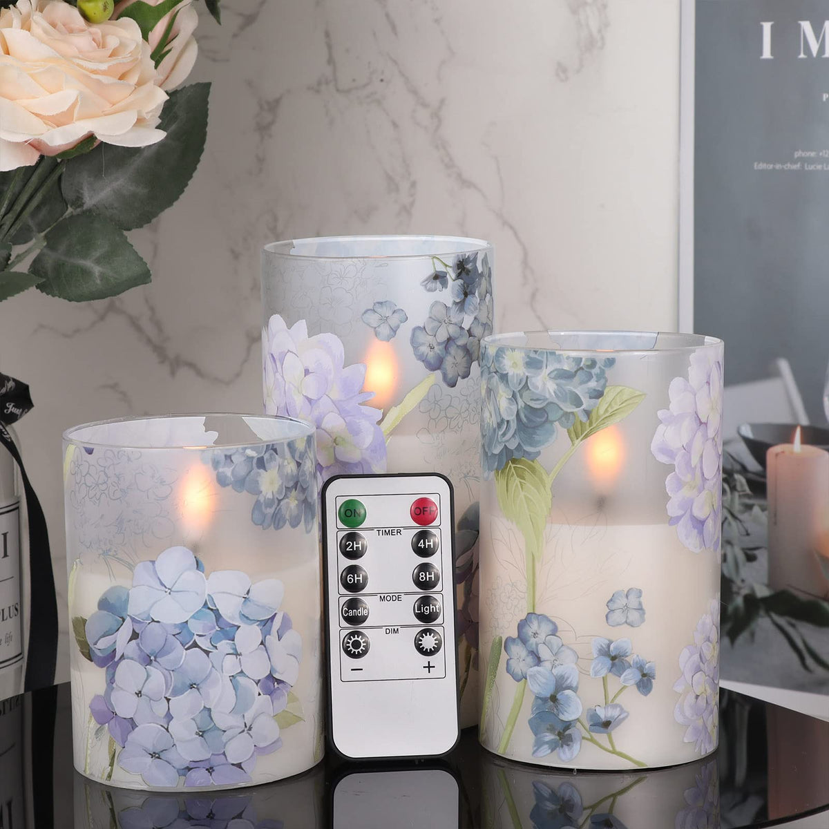DRomance Hydrangea Glass Flameless Candles with Remote Timer Battery Operated LED Flickering Pillar Candles Real Wax Spring Dinn