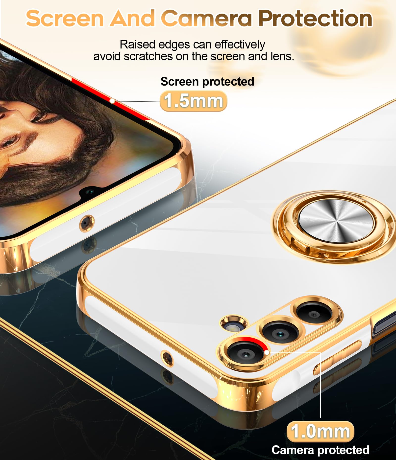 Leyi For A15 5G Phone Case: With Tempered Glass Screen Protector [2 Pack] 360 Rotatable Ring Holder Magnetic Kickstand, Plating