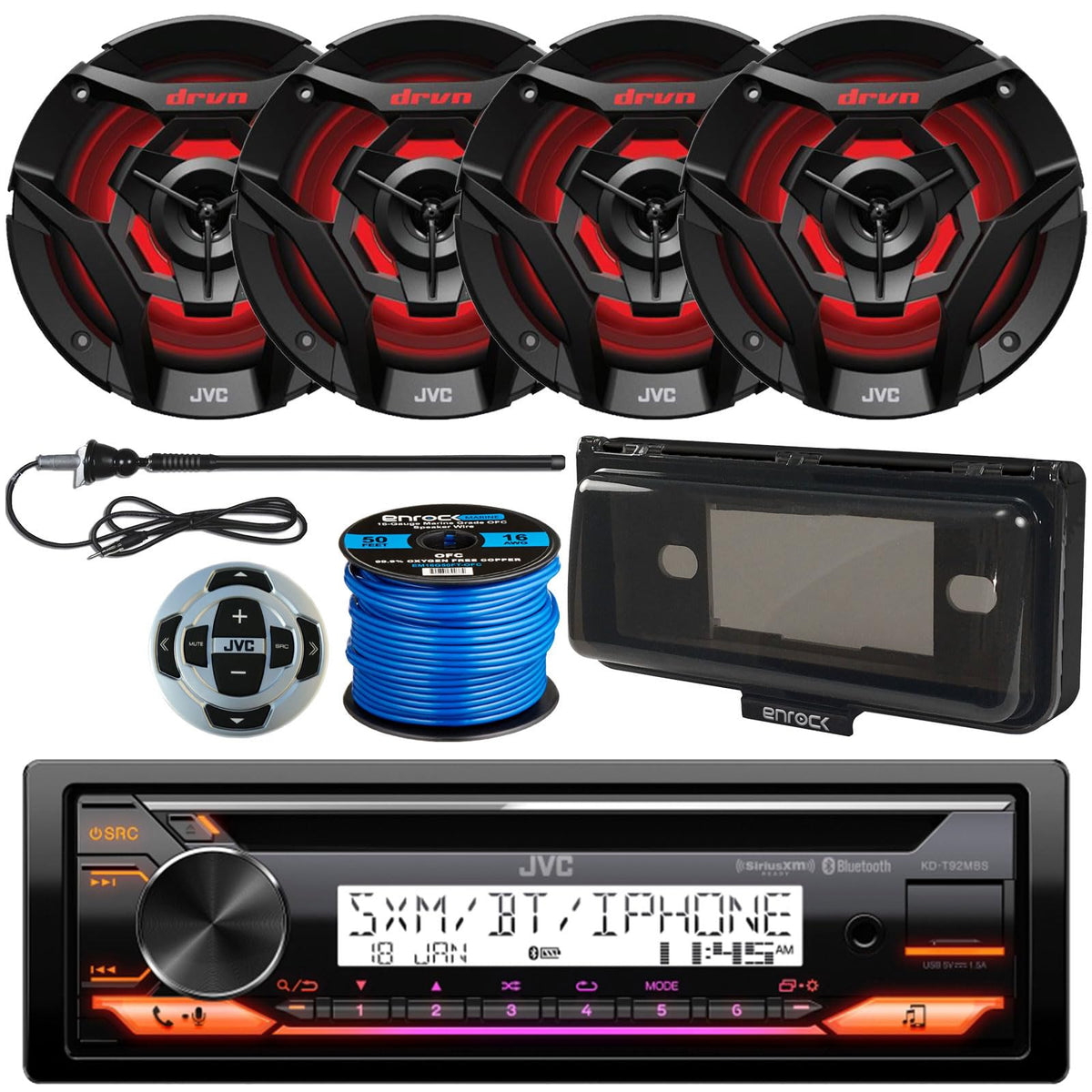 Single Din Marine Bluetooth Usb Aux Am/Fm Radio Cd Player Receiver Bundle Combo With 4X 6.5 260W 2-Way Black Boat Audio Speakers