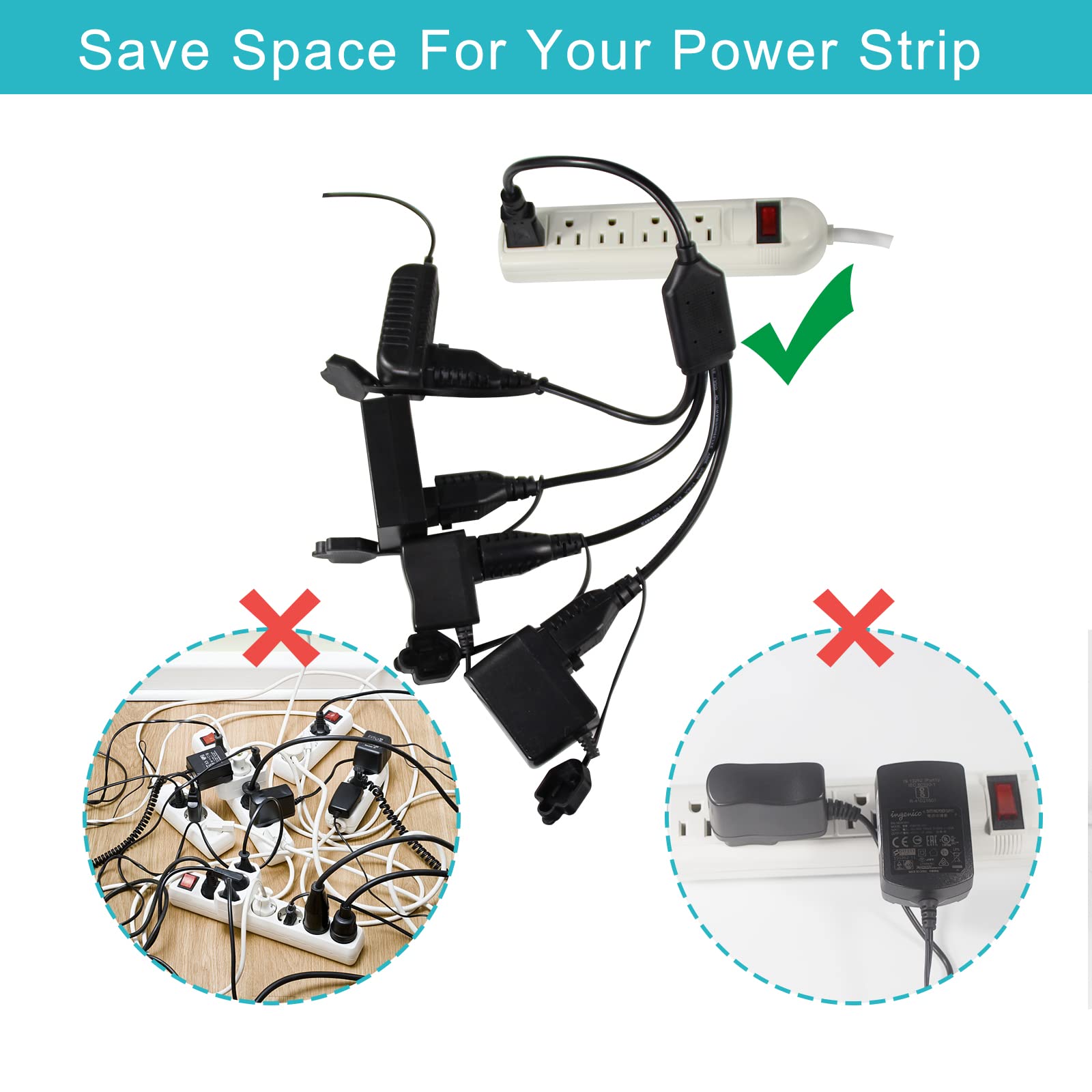 [2Pack] 1.5Ft 4 Way Power Extension Cord Splitter   1 To 4 Outlet Splitter Short Power Cable, Black Svt 16 Awg Indoor 3 Prong Ex