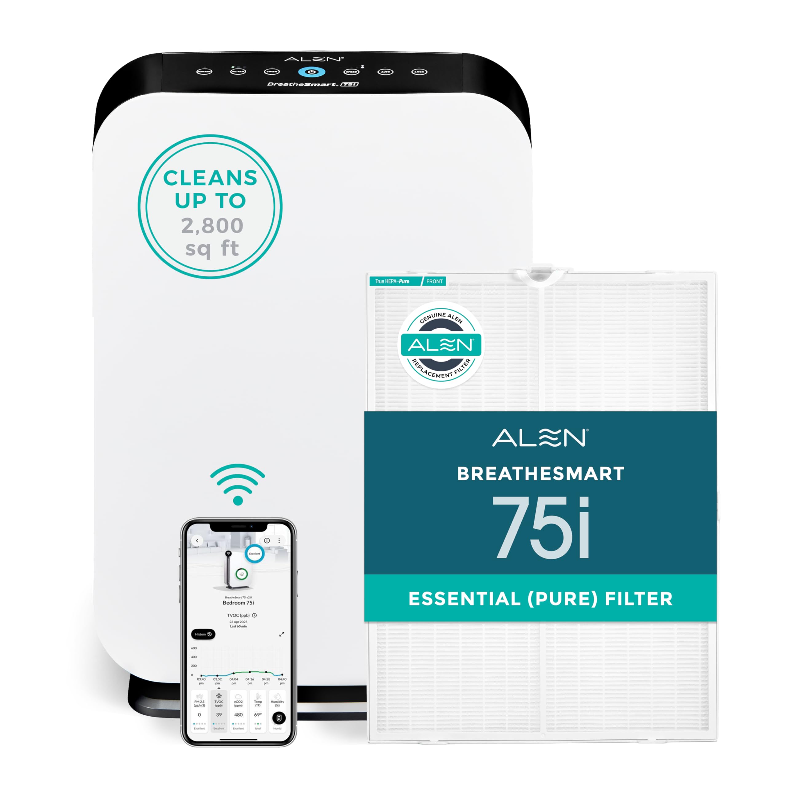 Alen Air Purifier BreatheSmart 75i HEPA w/Pure Filter for Large Rooms up to 2800 Sq. Ft. - Perfect for Living Room & Kitchen - C