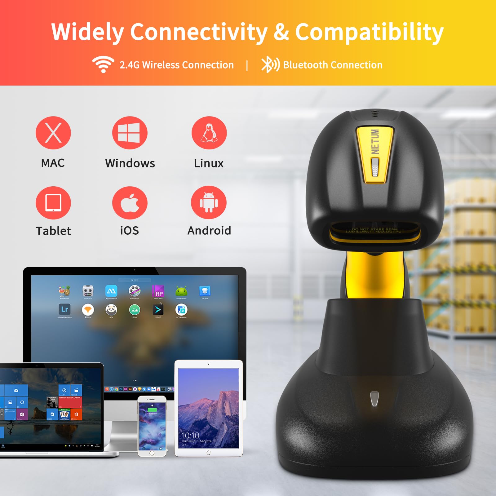 Netum Upgraded Qr Industrial Bluetooth Barcode Scanner With Charging Dock, Wireless 2D 1D Bar Code Reader 2600Mah Drop Protectio