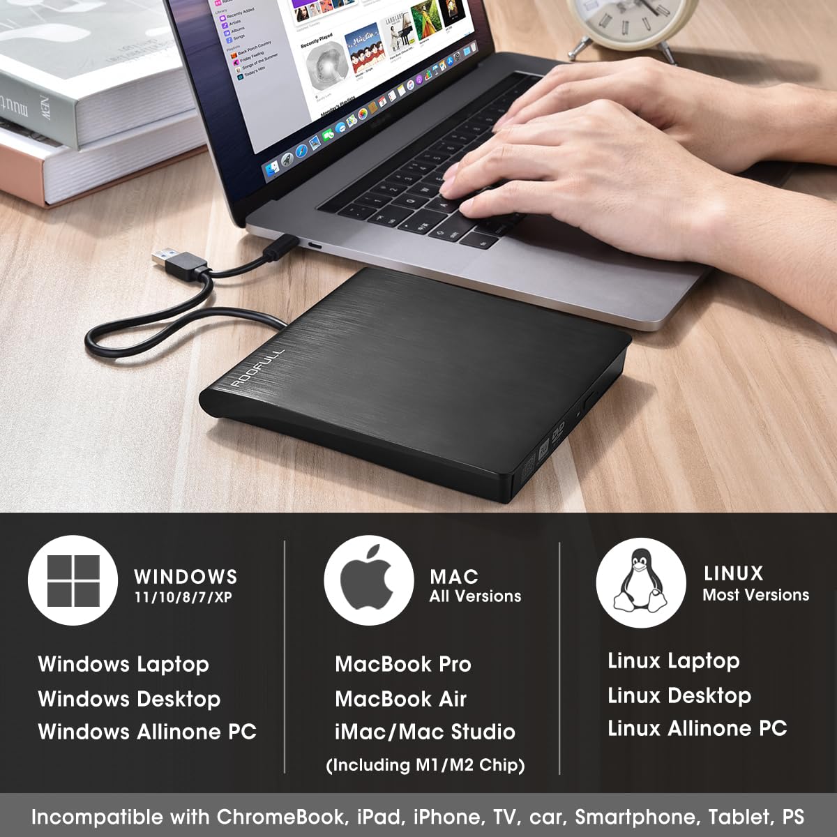 Roofull External Cd Dvd +/ Rw Drive Usb 3.0 & Usb C Portable Cd/Dvd Rom Player Burner Reader Writer Rewriter Optical Disc Drive