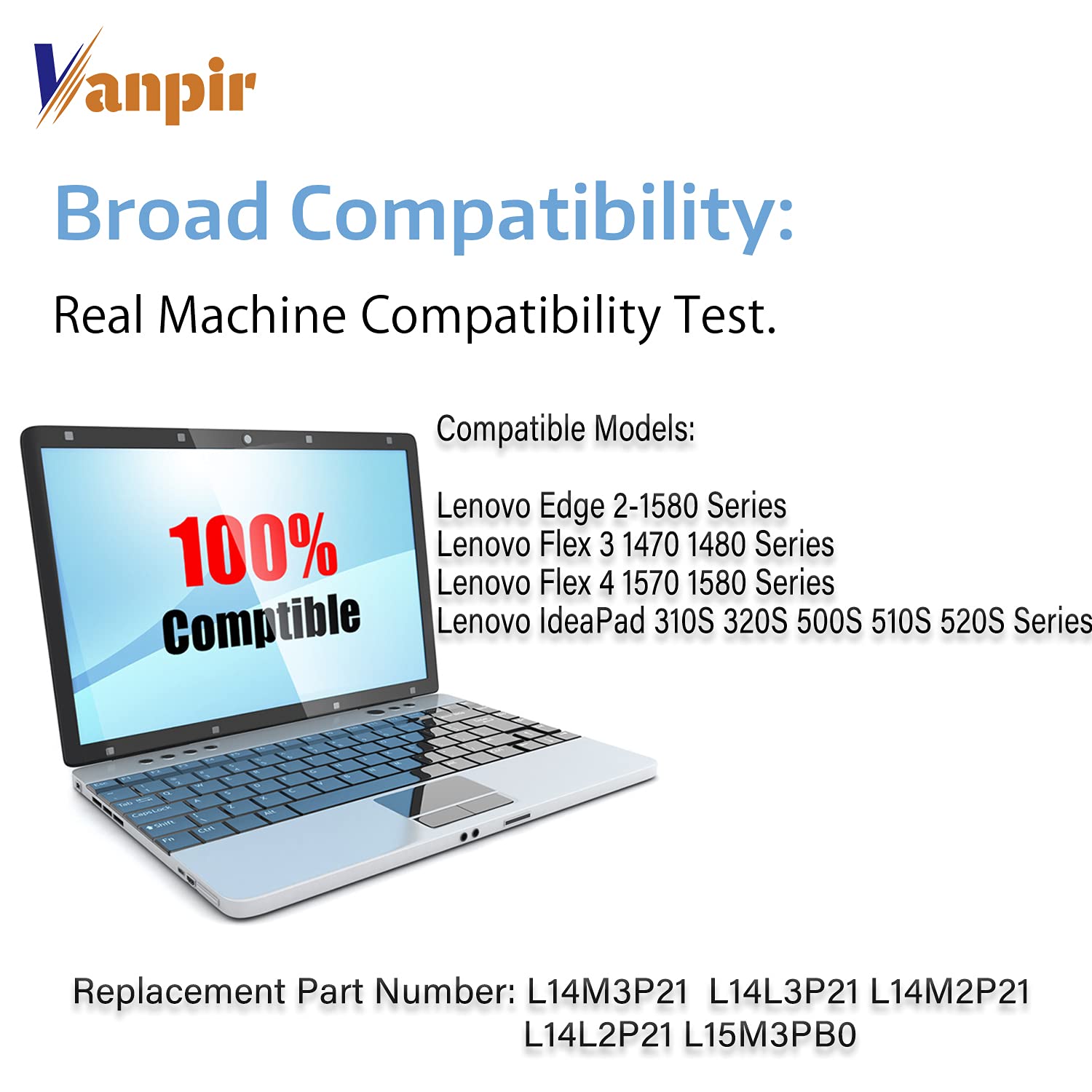 Vanpir L14M3P21 Laptop Battery 11.1V 45Wh 4050Mah Replacement For Lenovo Ideapad 310S 320S 500S 510S 520S Edge 2 1580 Flex 3 147