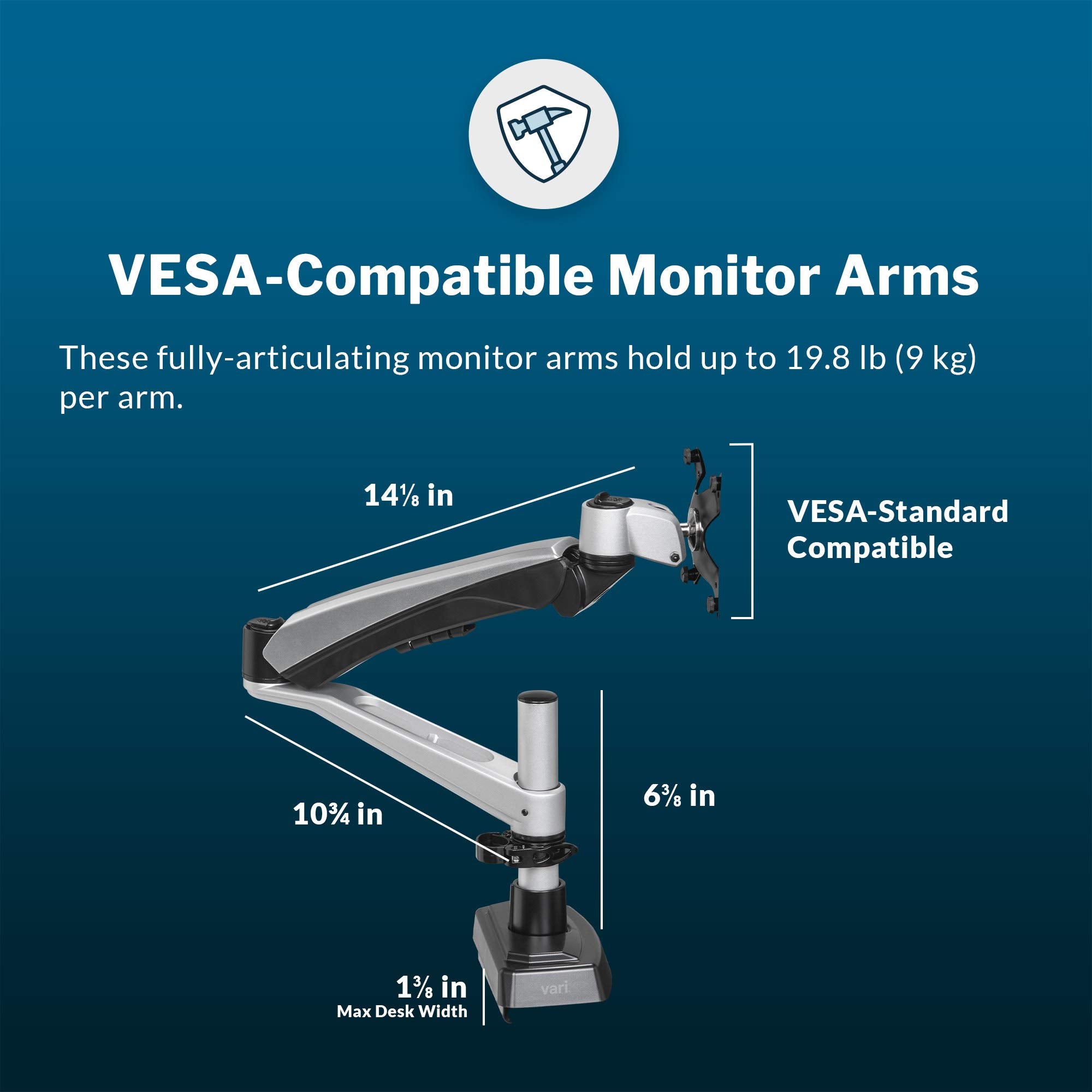 Vari Dual Monitor Arm   Vesa Monitor Mount W/ 360 Degree Adjustment   Monitors Up To 27 Inches, 19.8 Lbs   Double Monitor Arms W
