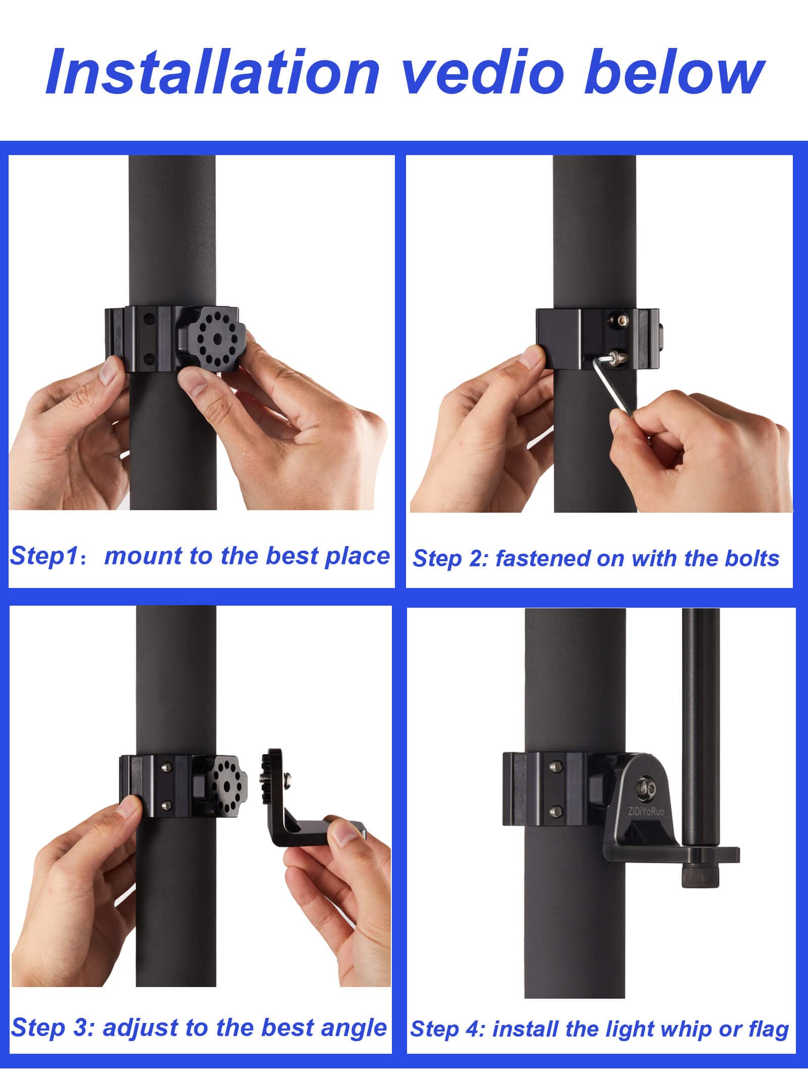 Zidiyoruo Utv Whip Light Mount - Easy To Install On 1.75 To 2 Roll Bar, Aluminum Alloy Mounting Bracket, 360 Adjustable Design F