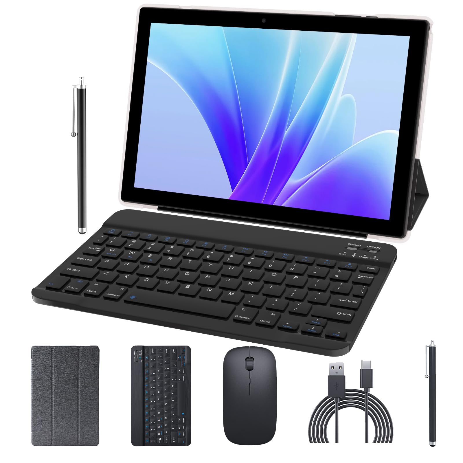 Android Tablet with Keyboard 10 inch 2 in 1 Tablets incldue Case Mouse Stylus, 3GB RAM 64GB ROM 1024GB Expand Quad-Core Tablet P