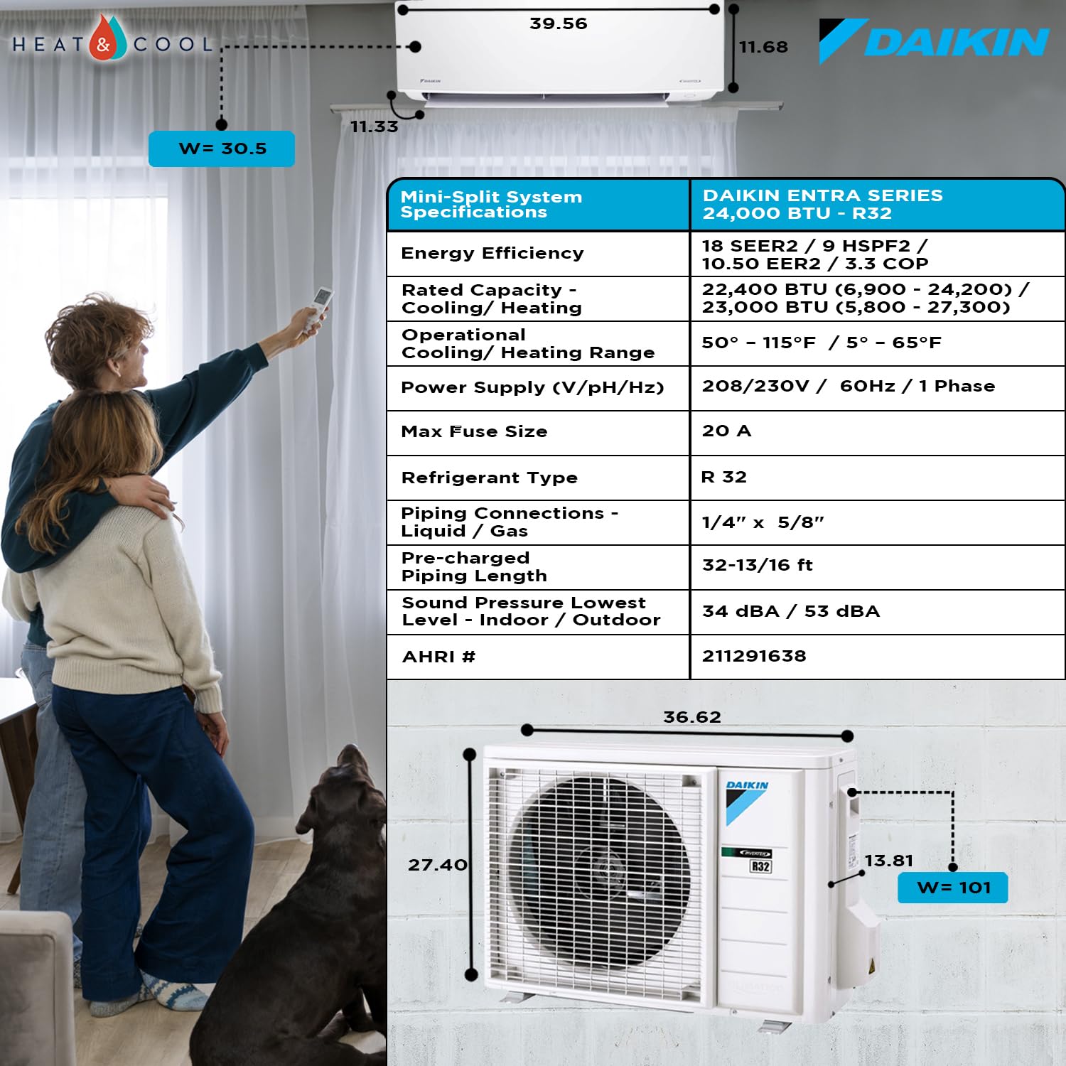 Daikin 24,000 Btu 18 Seer2 Entra R32 Series Ductless Mini Split Heat Pump System W/ Maxwell All Inclusive 15 Installation Kit An