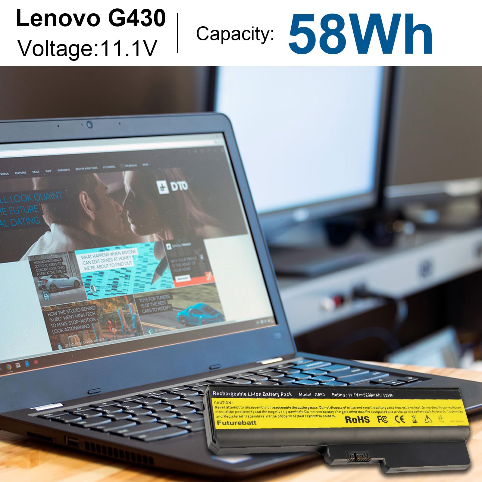 Futurebatt 6 Cell 5200Mah Laptop Battery For Lenovo 3000 B460 B550 G430 G450 G455 G530 G550 G555 N500, Ideapad B460 G430 V460 Z3