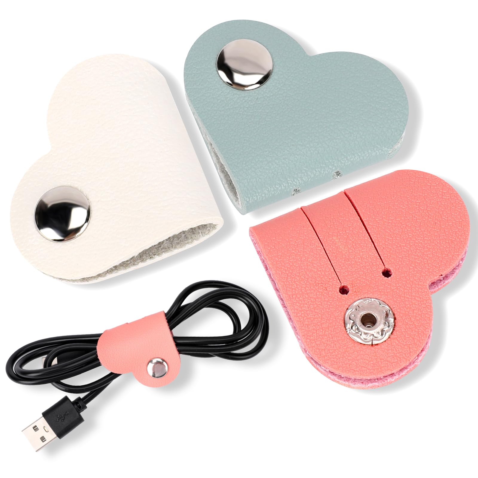 Kalione Heart Cord Organizer 3 Pack Wrap Manager, Usb Cable Organizer Storage Pu Leather Earphones Storage Straps Portable Bag C