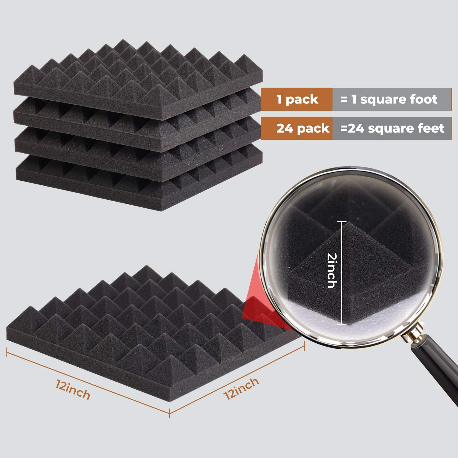 24 Pack 12 X 12 X 2 Inches Pyramid Designed Acoustic Foam Panels, Sound Proof Foam Panels Black, High Density And Fire Resistant