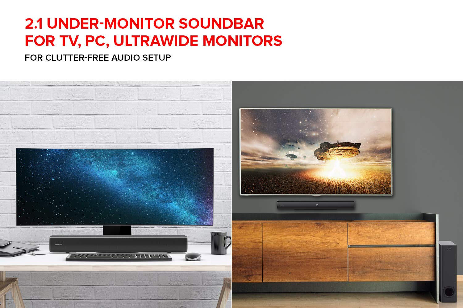Creative Stage 2.1 Channel Under Monitor Soundbar With Subwoofer For Tv, Computers, And Ultrawide Monitors, Bluetooth/Optical In