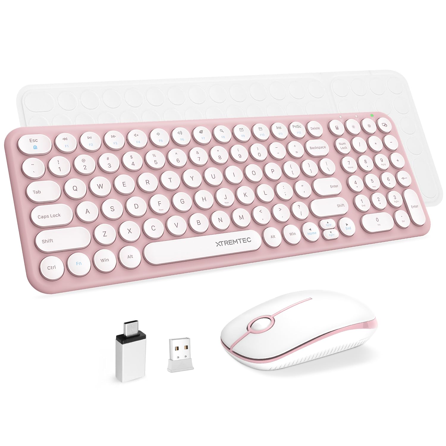 Wireless Keyboard and Mouse Combo, XTREMTEC Cute Compact -Size Pink Retro Round Keycap, Ultra Thin Quiet 2.4GHz Retro Kawaii Key