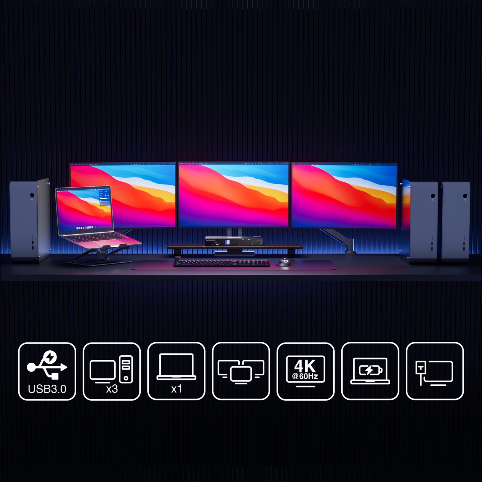 Tesmart Usb 3.0 Hdmi+Dp+Usb C Kvm Switch 3 Monitors 4 Computers 4K@60Hz, 4 Port Triple Monitor Kvm Switch Built In Docking Stati