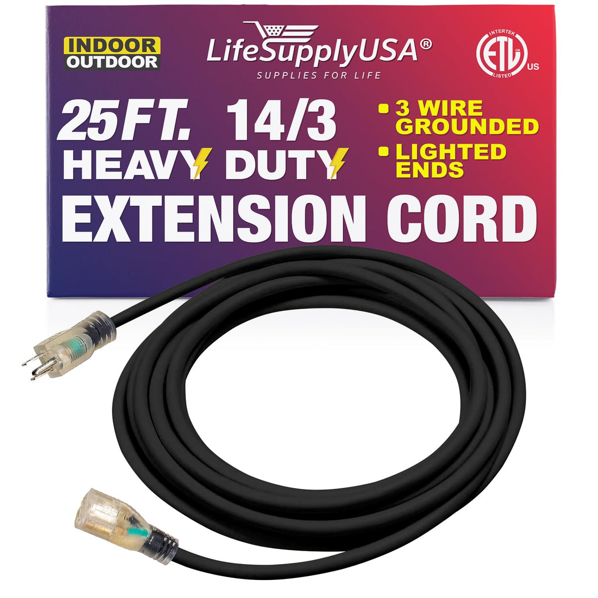 25 Ft Power Extension Cord Outdoor & Indoor Heavy Duty 14 Gauge/3 Prong Sjtw (Black) Lighted End Extra Durability 15 Amp 125 Vol