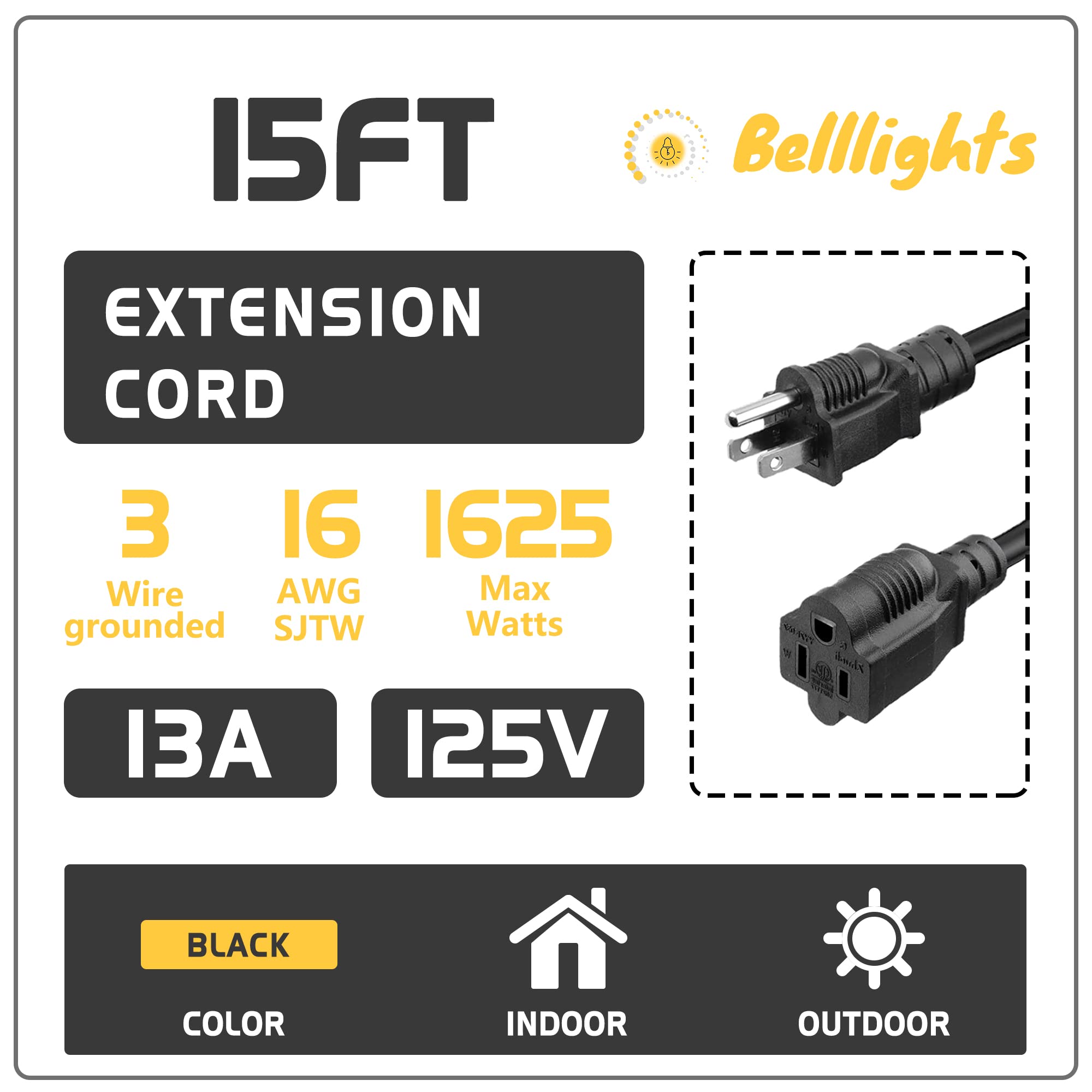 2 Pack 15Ft Extension Cord Outdoor Belllights 16 Sjtw Awg Heavy Duty Power Cord 3 Prong, Nema 5 15P To Nema 5 15R, Power Cable F