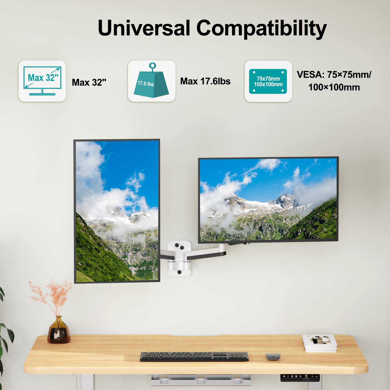 Mount Pro Dual Monitor Wall Mount For 13 To 32 Inch Computer Screens, Gas Spring Wall Monitor Arm For 2 Monitors, Each Holds Up