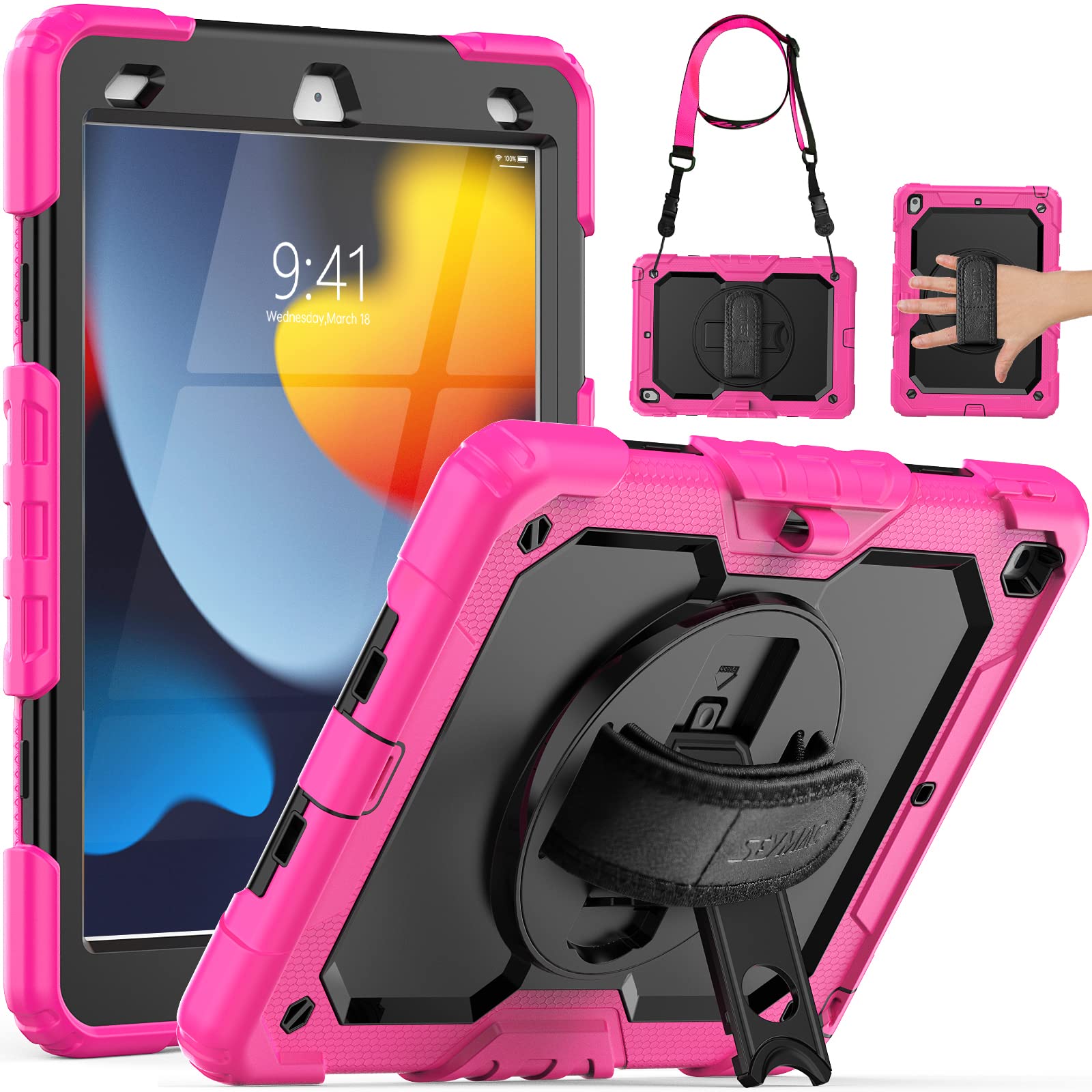 Seymac Case For Ipad 9Th/8Th/7Th Generation Case 10.2' 2021 2019, Full Body Shockproof Heavy Duty Protective Case With Screen Protector, Rotating Stand/Handle/Shoulder Strap For Ipad 10.2, Pink
