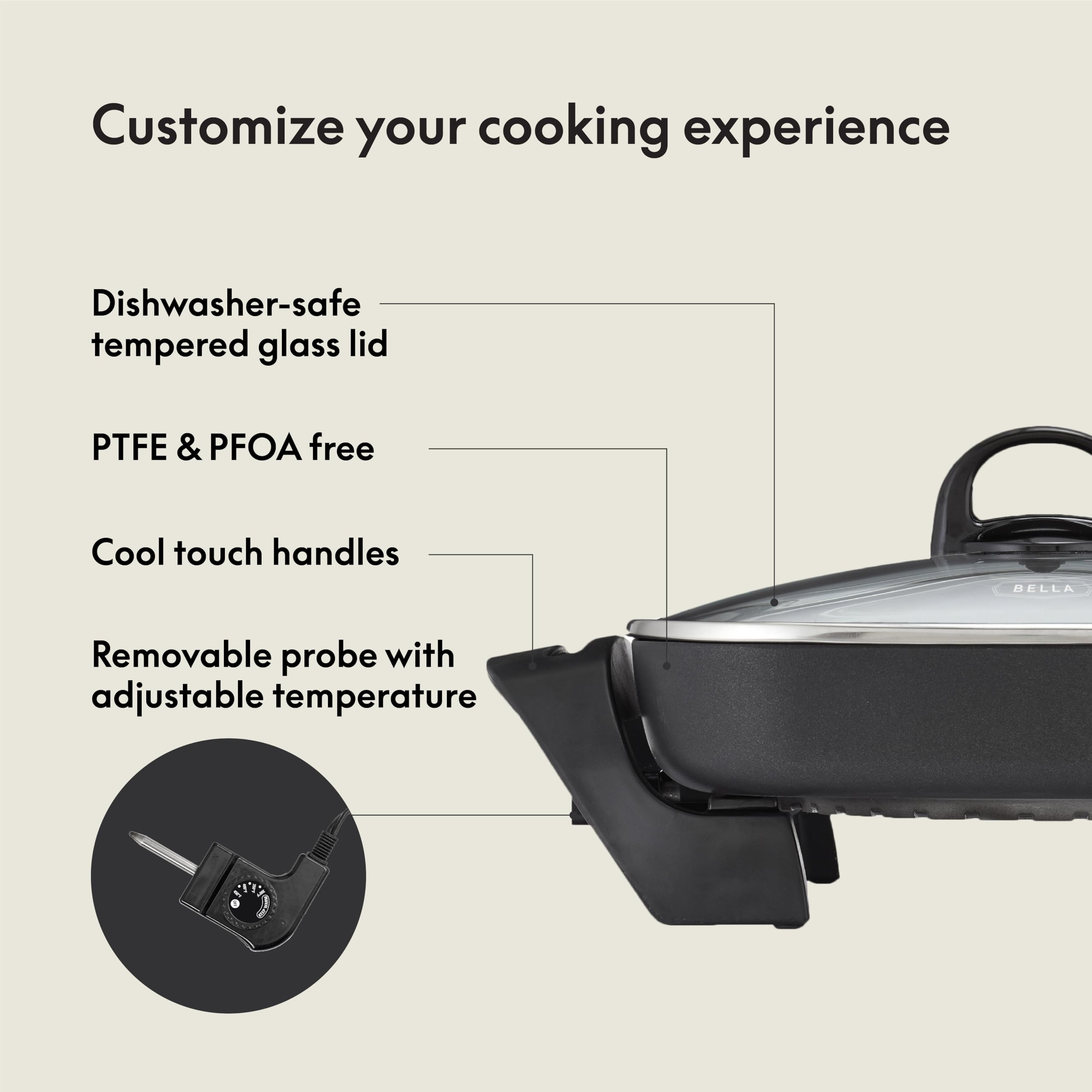 Bella Electric Skillet And Frying Pan With Glass Lid, Nonstick Coating, Cool Touch Handles, Removable Heating Probe, Dishwasher