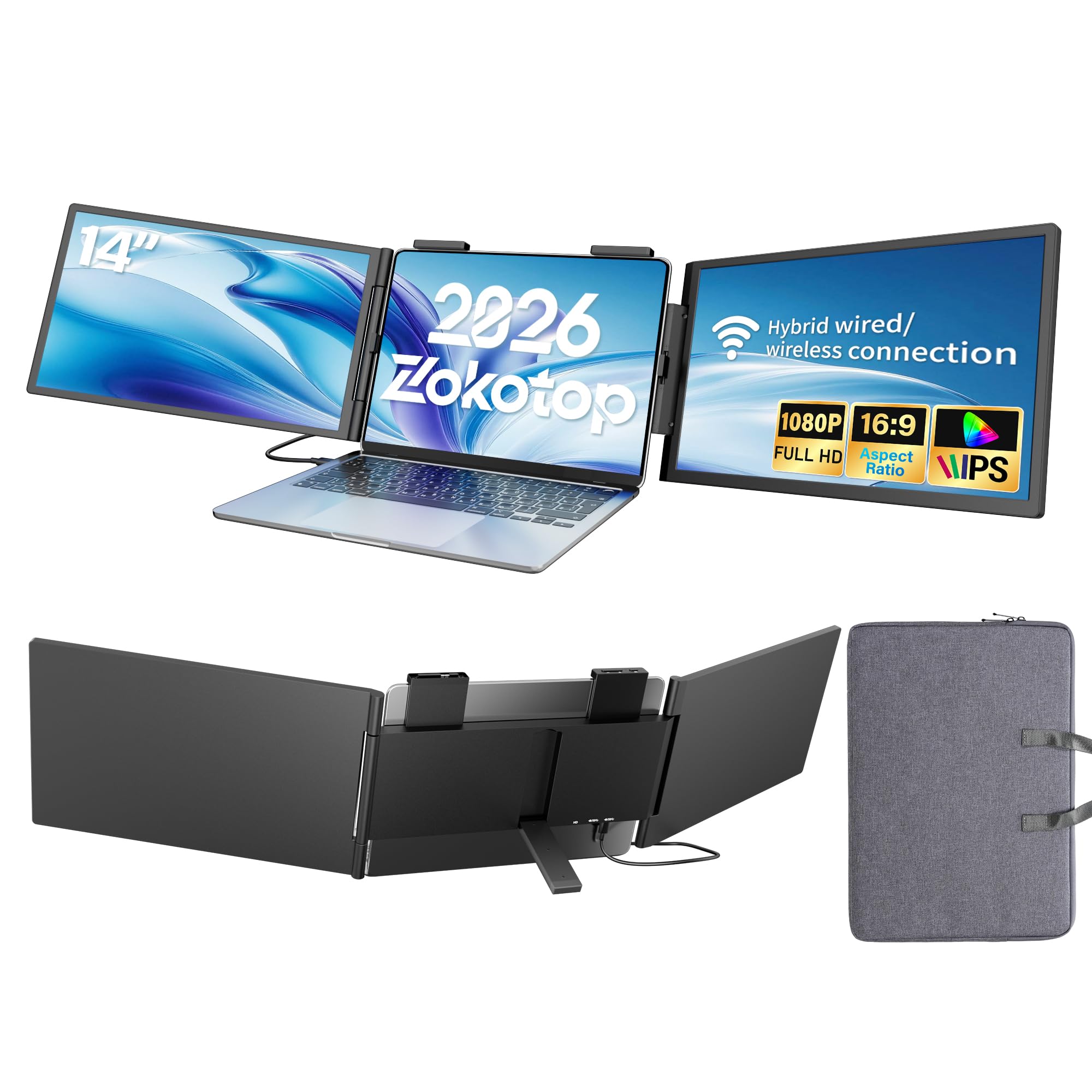 ZokoTop One Cable No Driver Laptop Screen Extender, 14 FHD IPS Ultra-Slim Triple Portable Monitor, 1-Min Setup Single USB-C HDMI