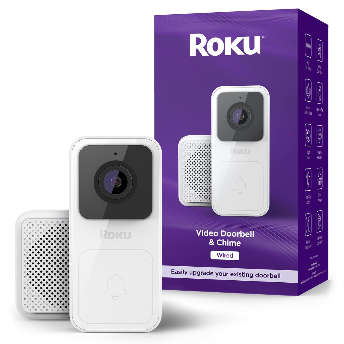Roku Smart Home Wired Video Doorbell & Chime - 1080P Hd Night Vision Ultrawide View Doorbell Camera With Motion & Sound Detectio
