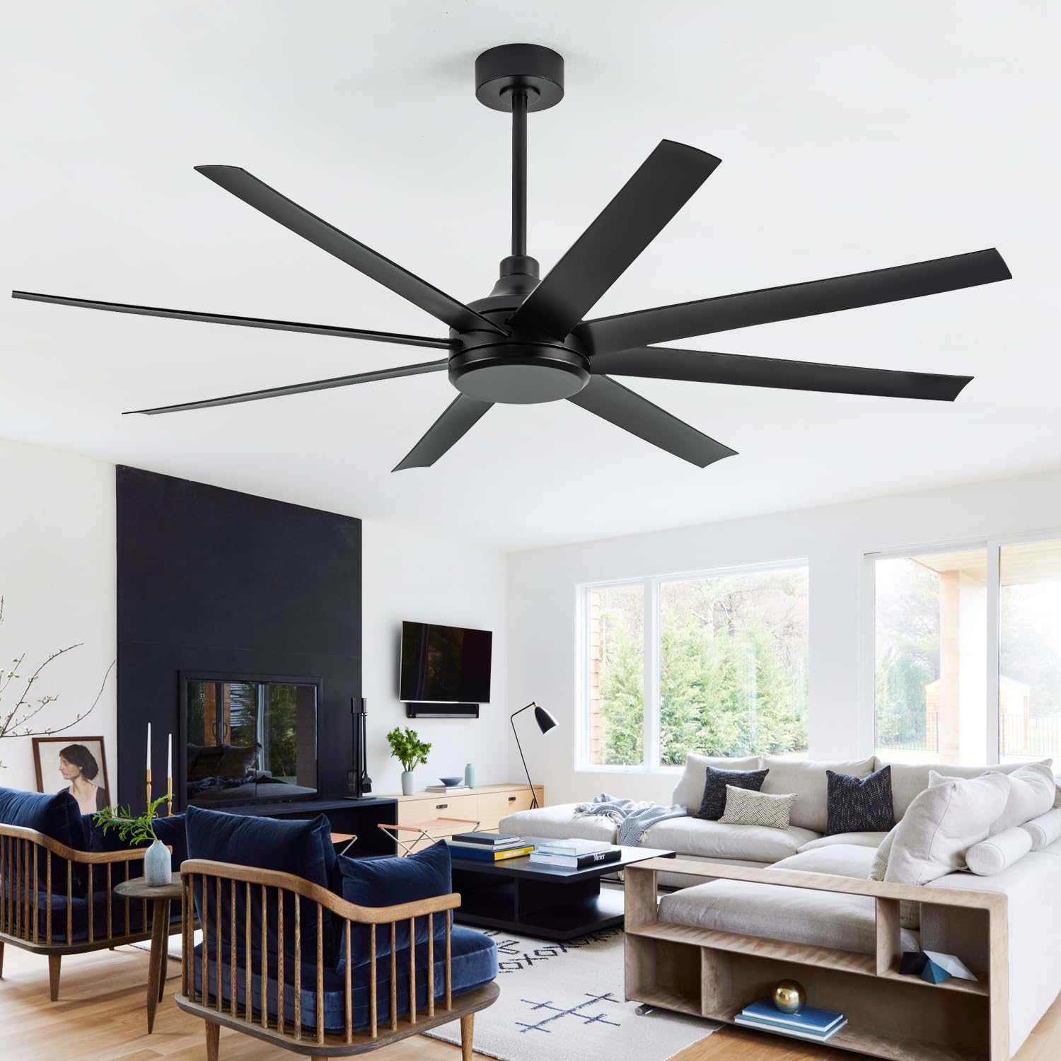 65 Inch Large Ceiling Fan Without Light, Black Ceiling Fan Without Light for Living Room, Patio, 6-Speed Reversible Quiet DC Ind