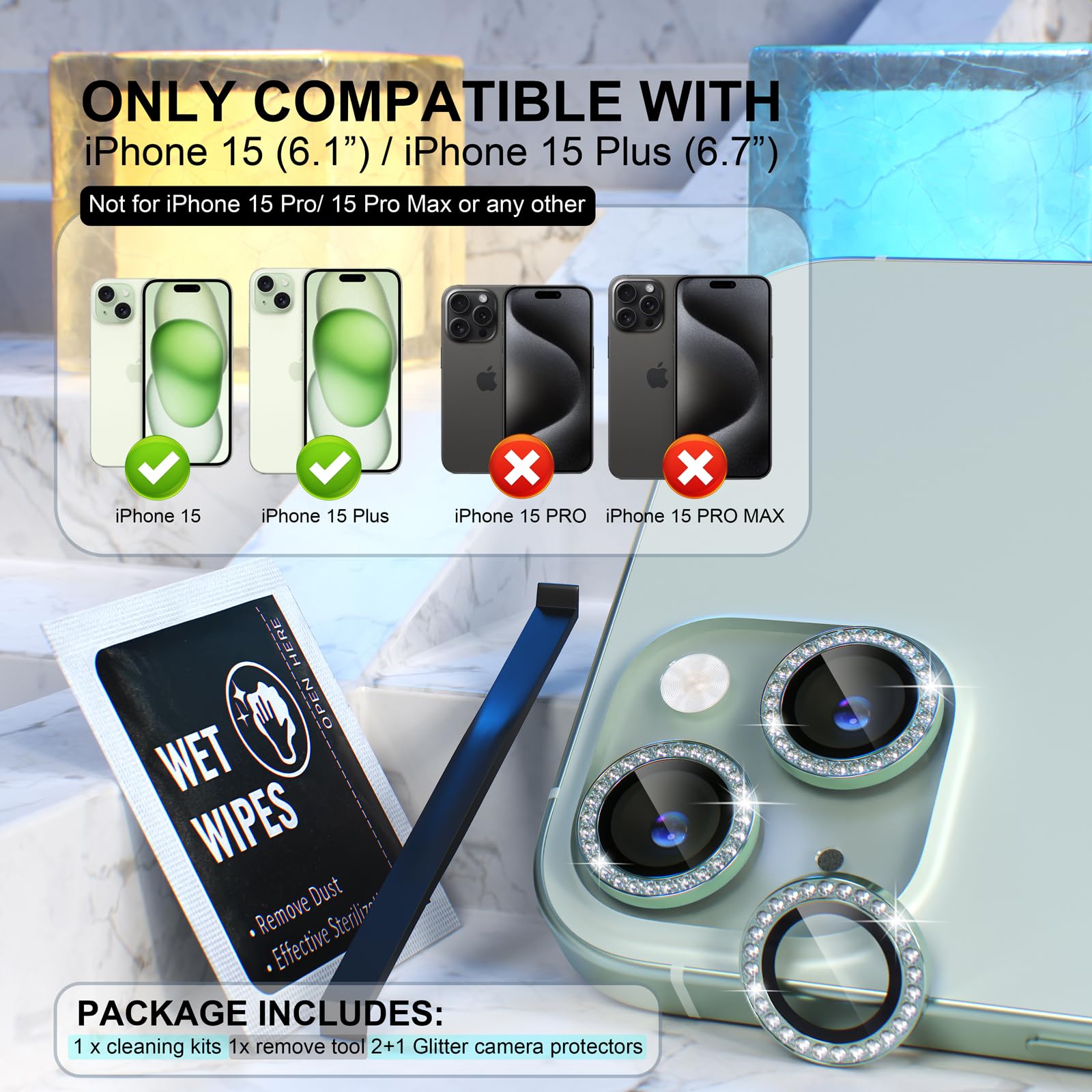 Choiche Compatible For Iphone 15 /Iphone 15 Plus Camera Lens Protector Bling, 9H Tempered Glass Camera Cover Screen Protector Me