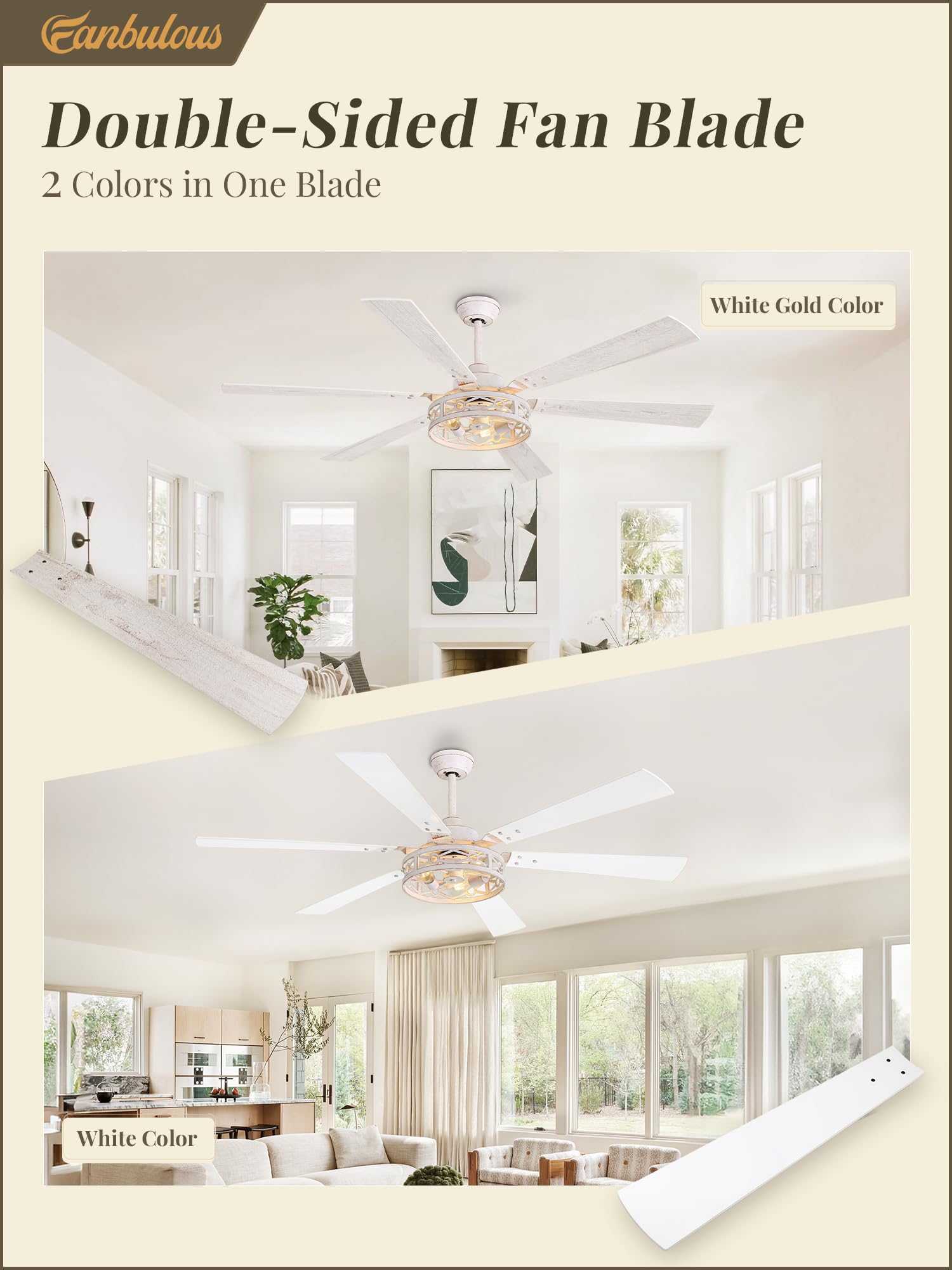 Fanbulous 65 Inch Ceiling Fan With Lights, Farmhouse Caged Ceiling Fans With Remote, White Industrial Ceiling Fans With Quiet Re
