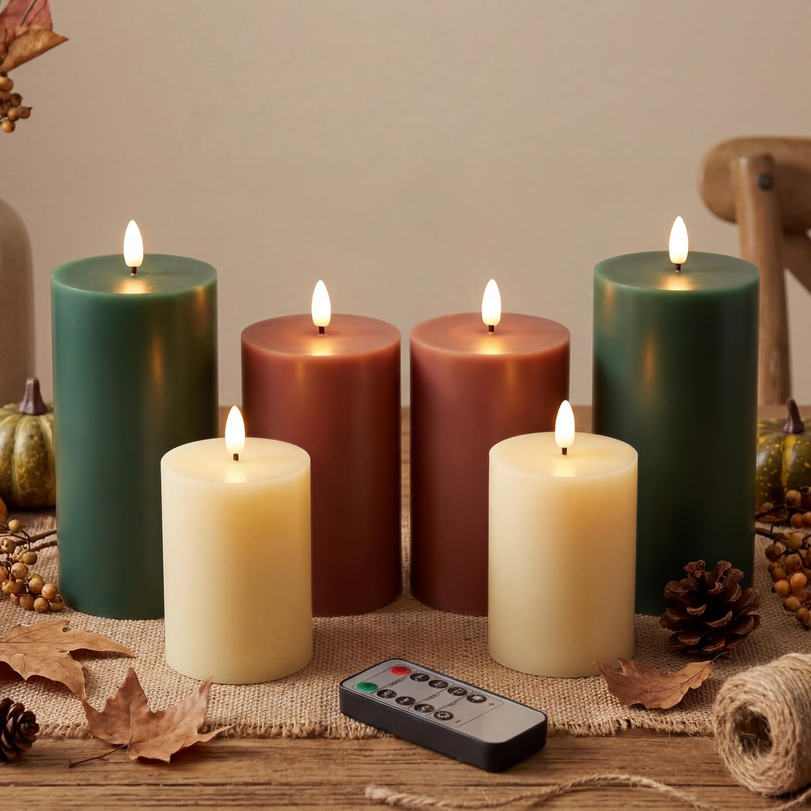 Grinsvalley 6 Pcs Flameless Candles Battery Operated LED Flickering Flameless Pillar Candles with Remote Real Wax Khaki Brown Gr