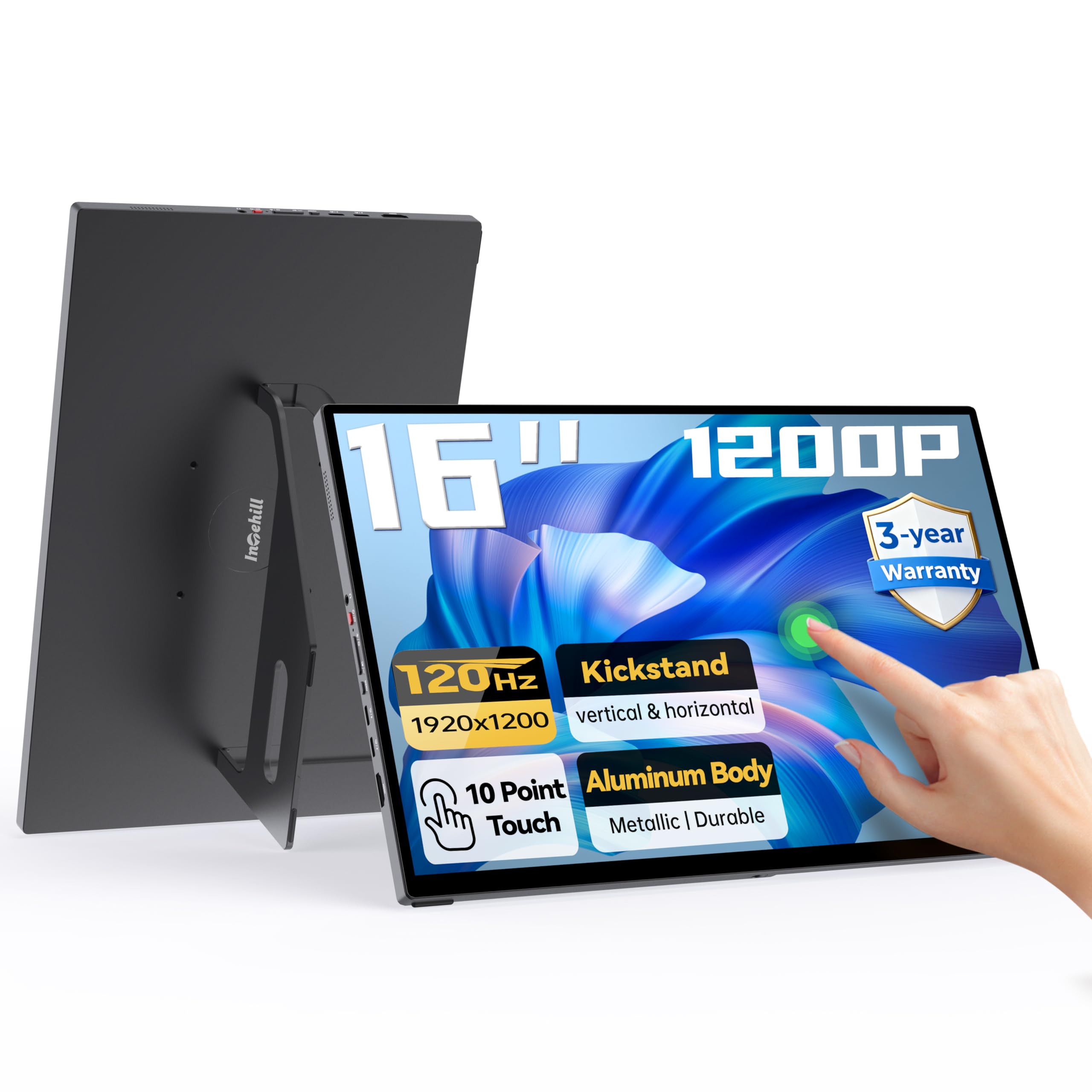 Intehill 16 120Hz Touchscreen Portable Monitor, Portable Gaming Monitor w/Stand & Speakers, 16:10 Display with Full Laminated Te